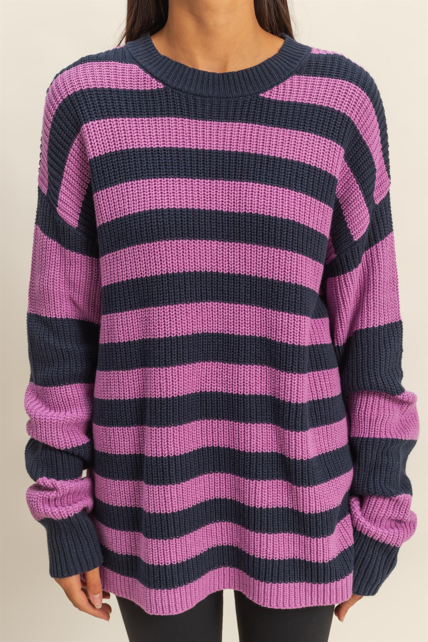 Wholesale Striped Long Sleeve Sweater Clothing Tops DZ23F071 NAVY / PURPLE DOUBLE ZERO