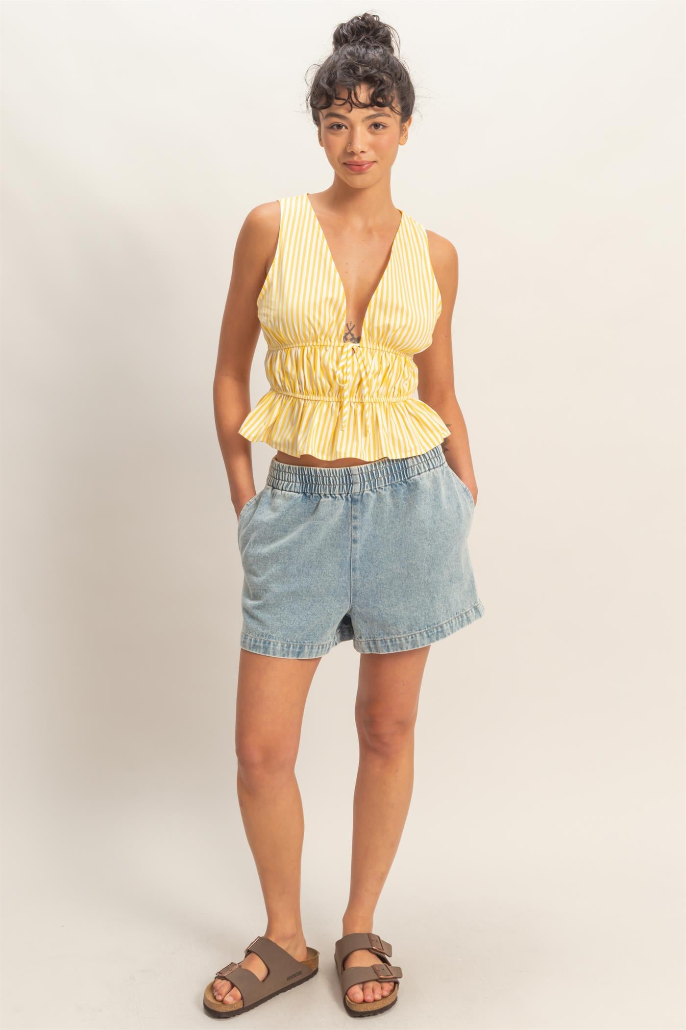 Wholesale Striped Tie Front Peplum Sleeveless Top Clothing Tops DZ26C534 YELLOW DOUBLE ZERO