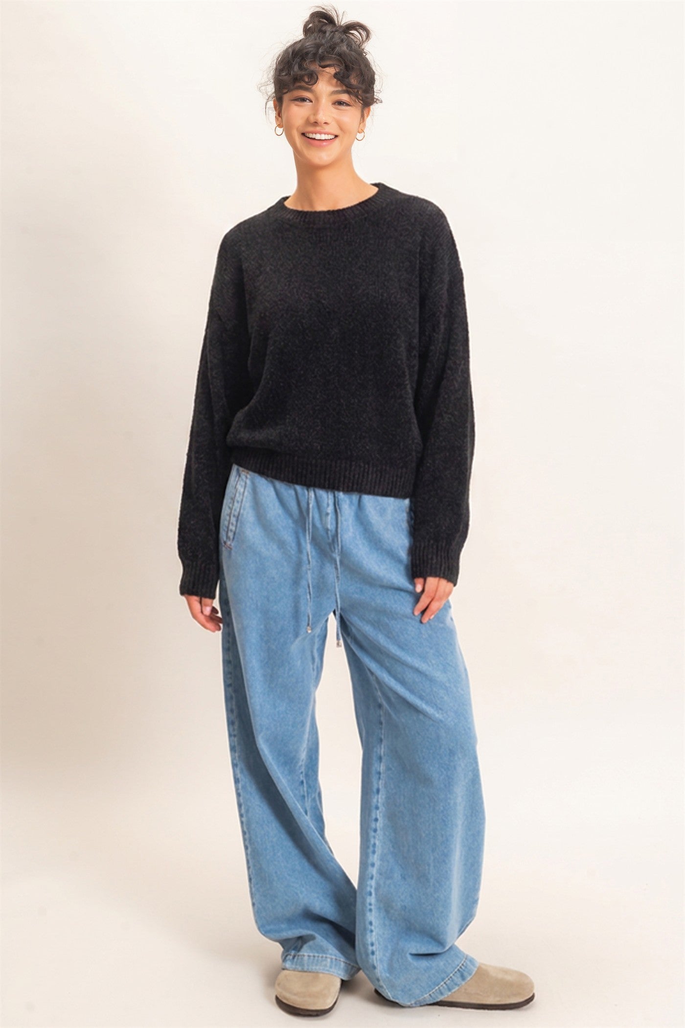 Wholesale Chenille Crew Neck Sweater Sweaters DZ26E264 BLACK DOUBLE ZERO