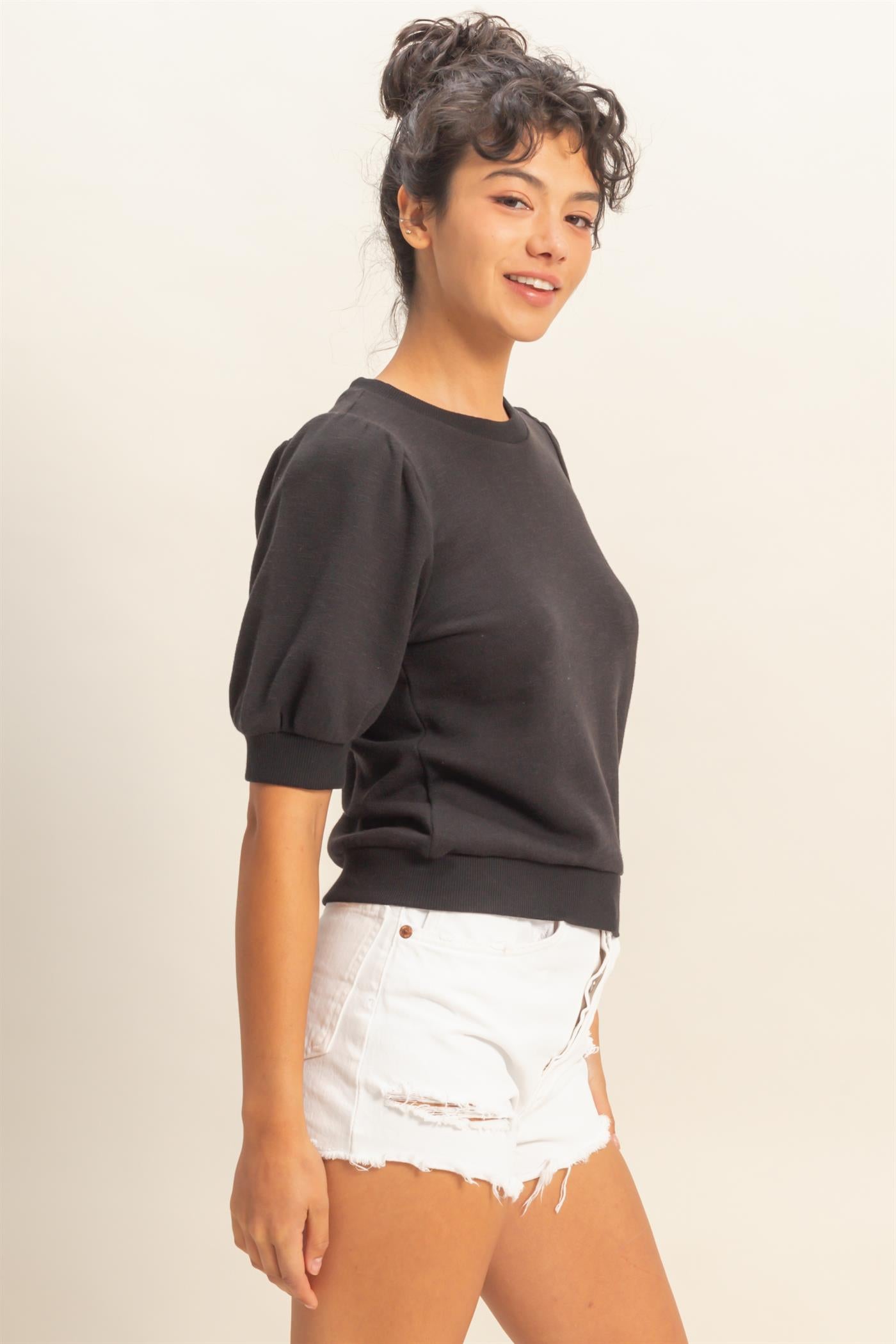 Wholesale Puff Short Sleeve Crew Neck Top Clothing Tops DZ26A927 BLACK DOUBLE ZERO