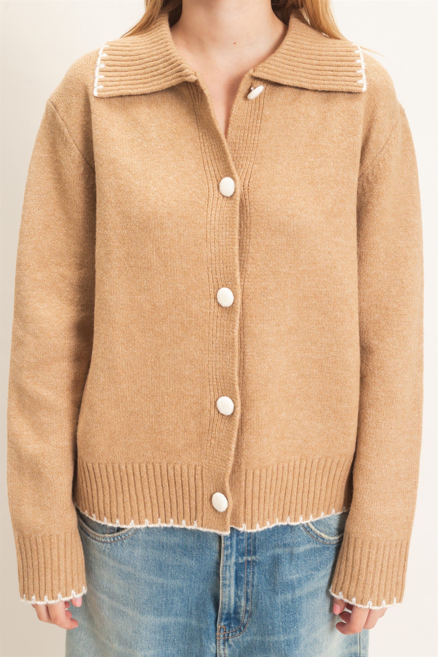 Wholesale Blanket Stitch Collared Cardigan Cardigans HF26F356 CAMEL HYFVE