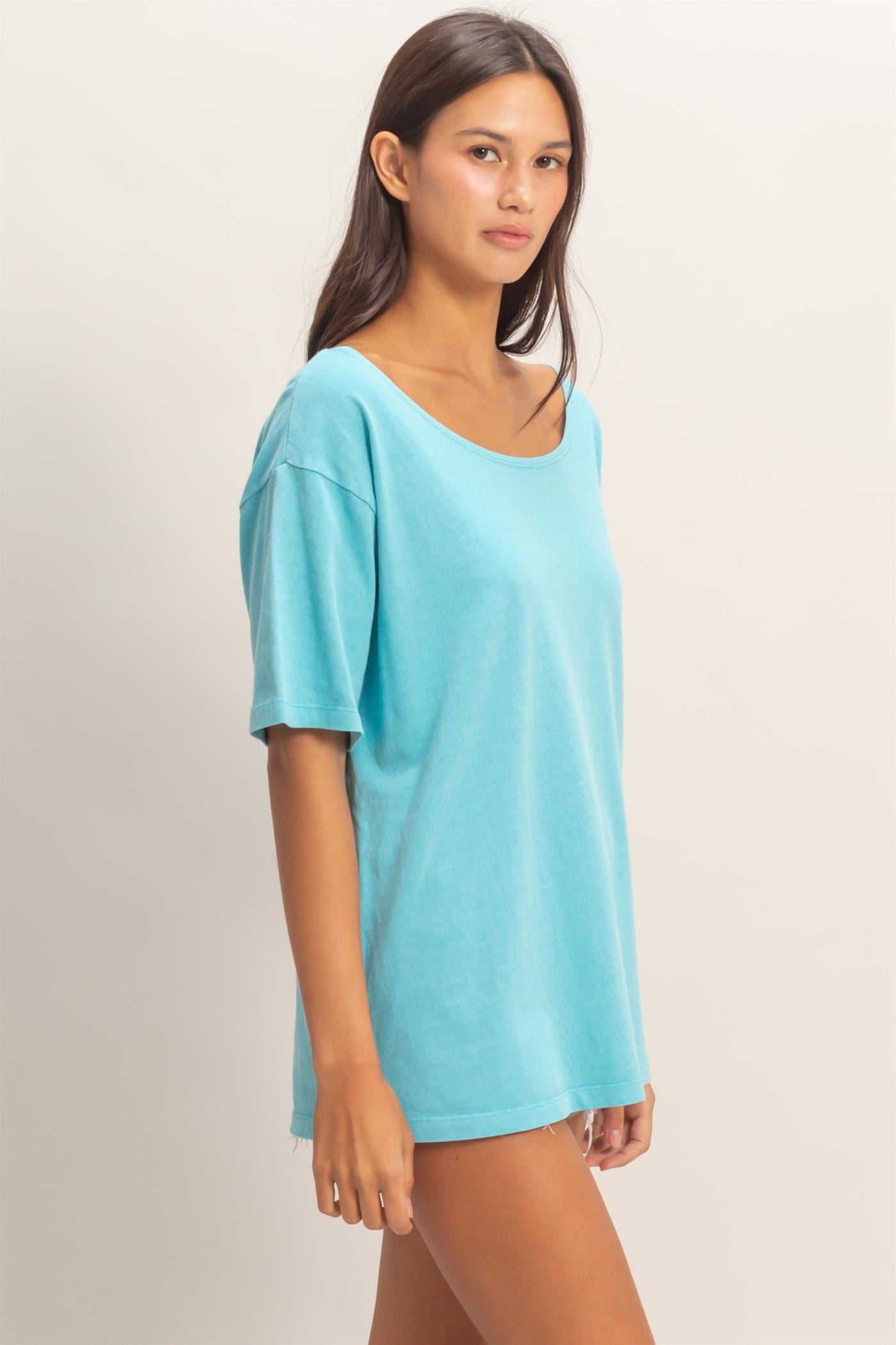 Wholesale Boat Neck Short Sleeve Basic Tee Clothing Tops DZ25E242 AQUA BLUE DOUBLE ZERO