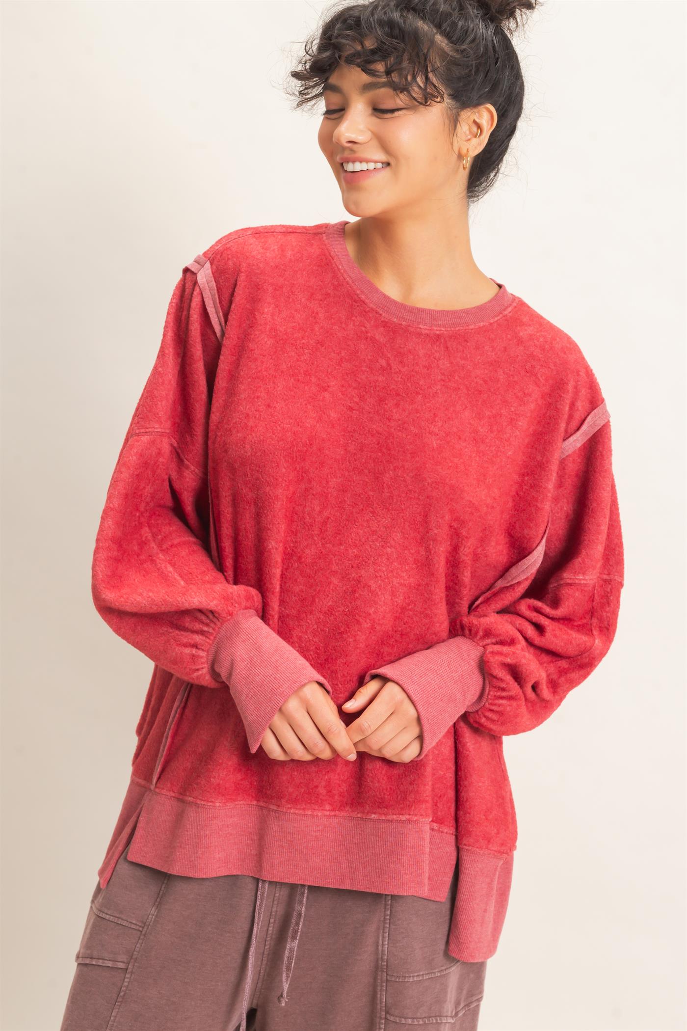 Wholesale Oversized Raw Edge Crew Neck Sweatshirt Sweatshirts DZ26E273 DARK RED DOUBLE ZERO