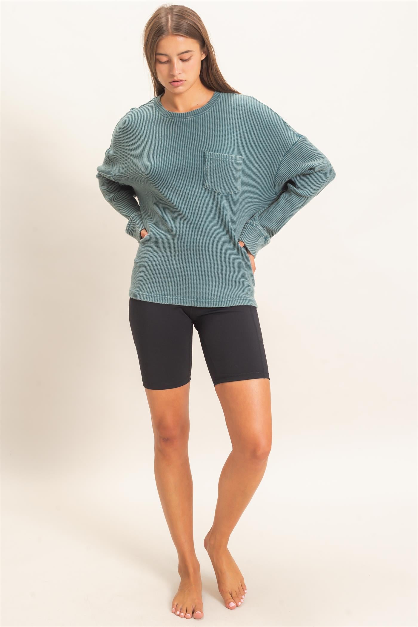 Wholesale Mineral Wash Waffle Long Sleeve Top Clothing Tops DZ26F242 DARK TEAL DOUBLE ZERO
