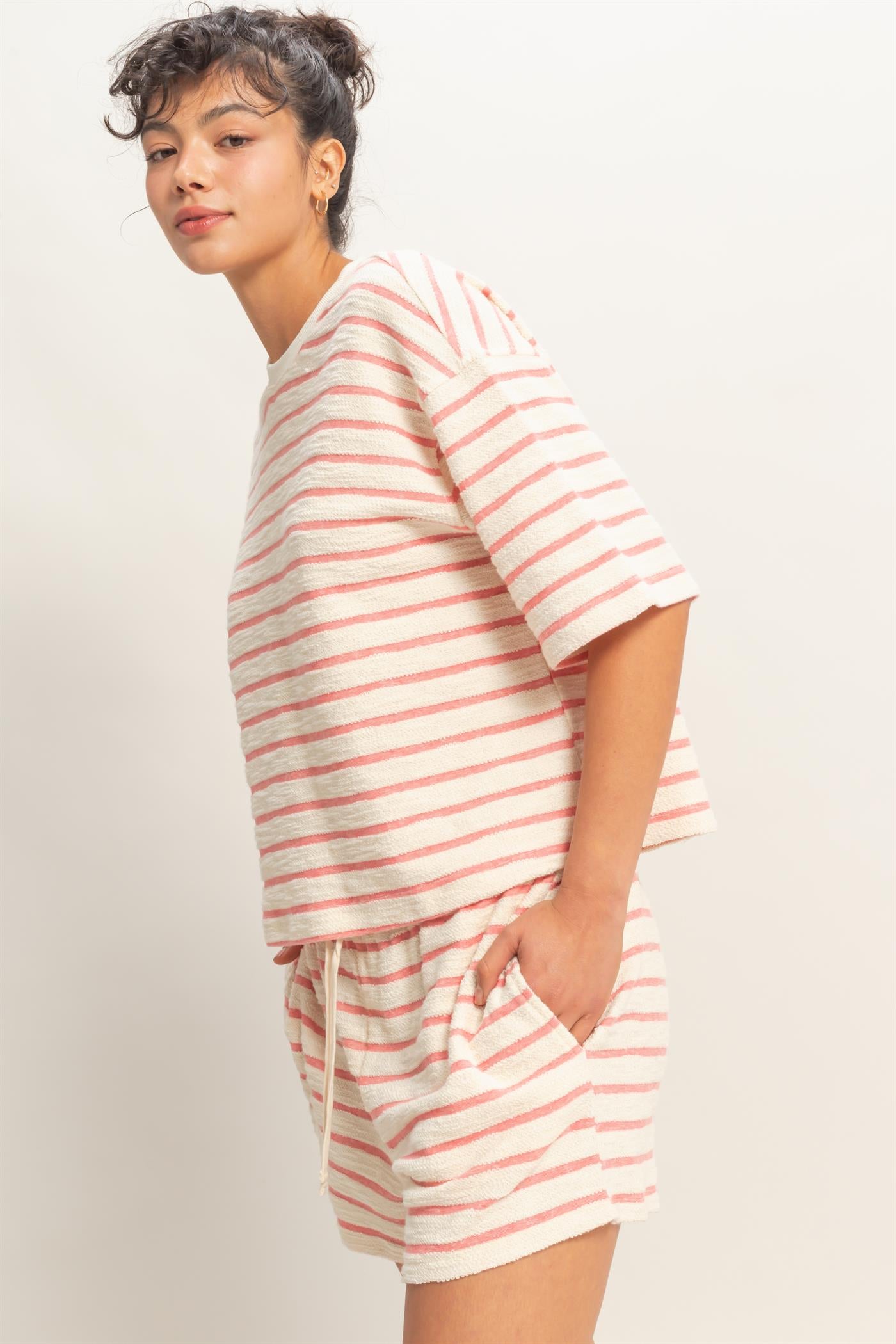 Wholesale Striped Short Sleeve Terry Crew Neck Top Clothing Tops DZ26A887 RED DOUBLE ZERO