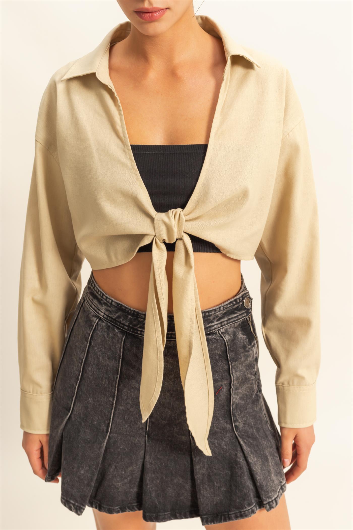 Wholesale Sand Washed Tie Front Crop Top Blouses DZ24C963 LIGHT TAUPE DOUBLE ZERO