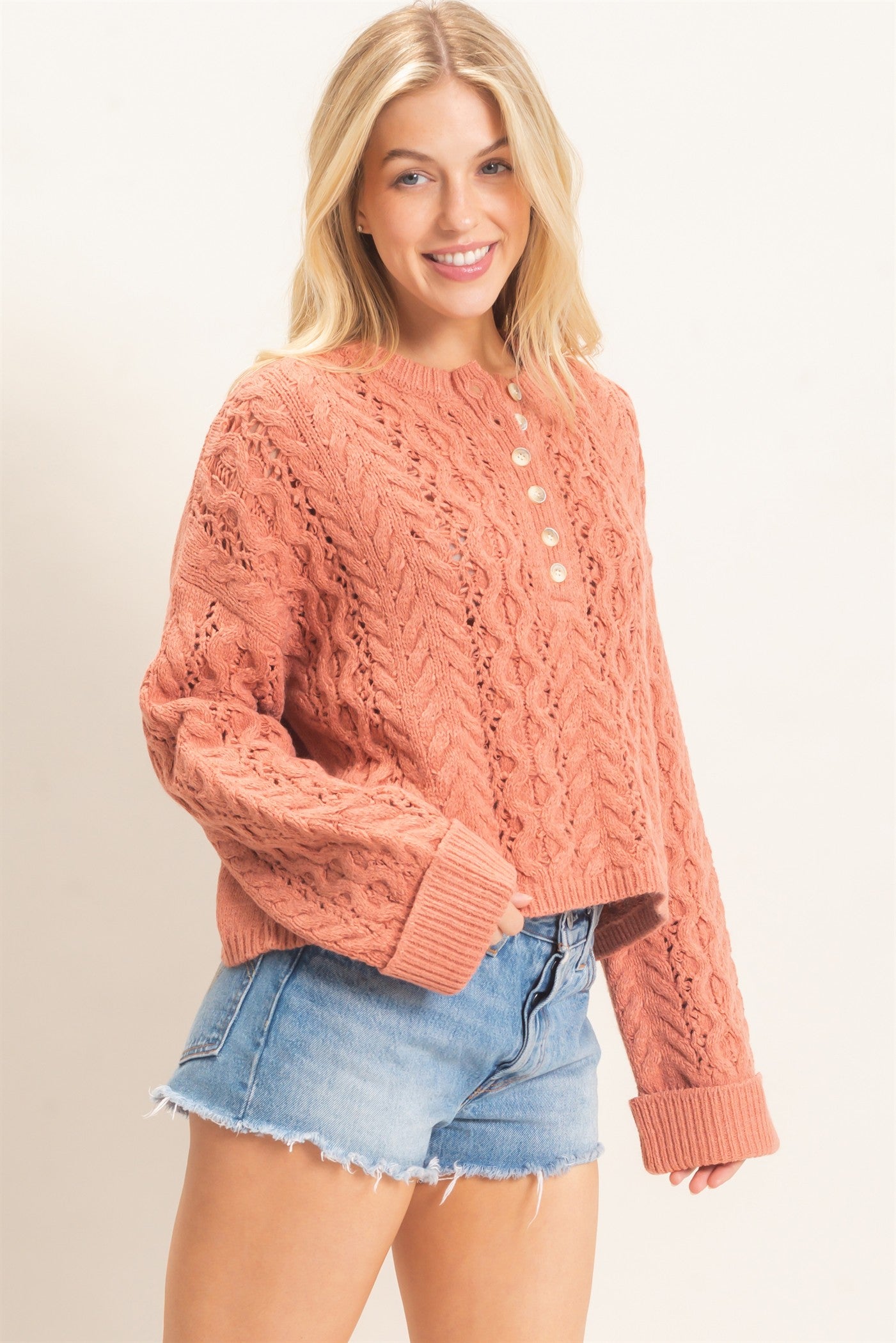 Wholesale Cable Knit Henley Sweaters HF26E552 ROSE PINK HYFVE