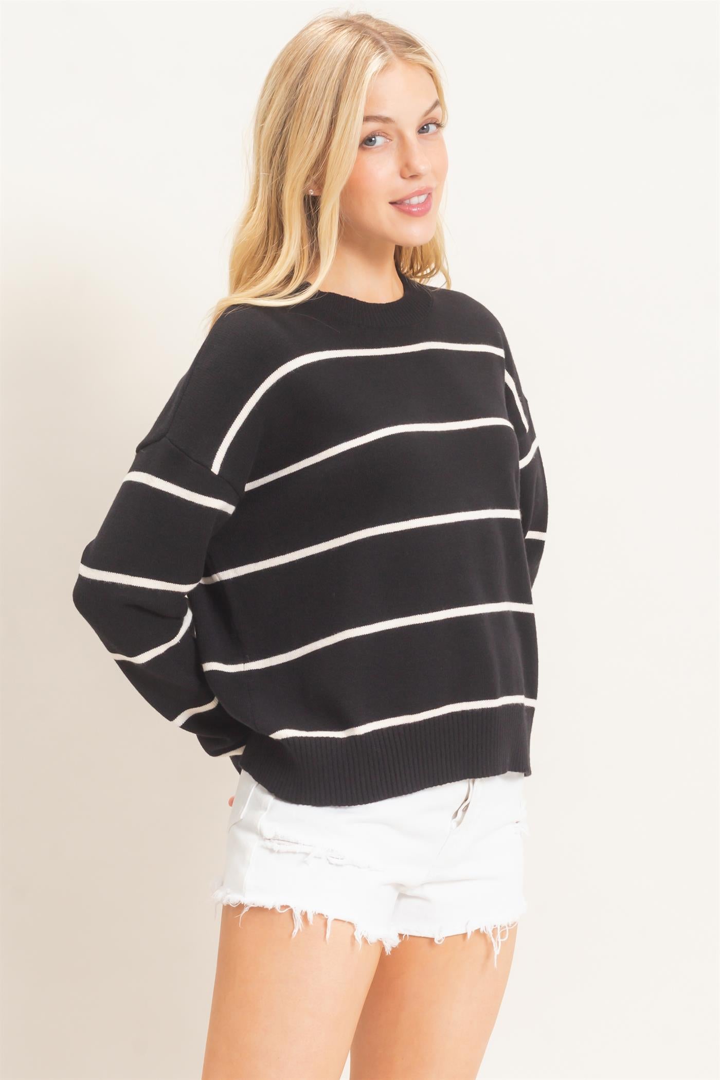 Wholesale Striped Ribbed Crew Neck Sweater Sweaters HF26F169 BLACK HYFVE