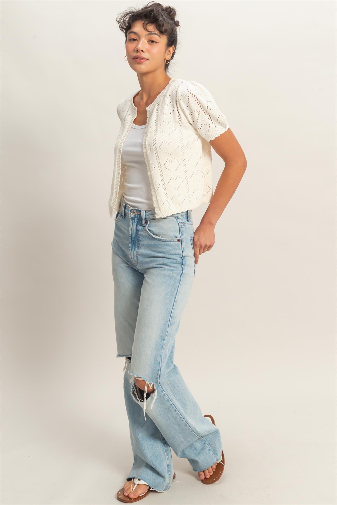 Wholesale Pointelle Knit Puff Sleeve Button Up Cardigan Cardigans DZ26A425 WHIP CREAM HYFVE