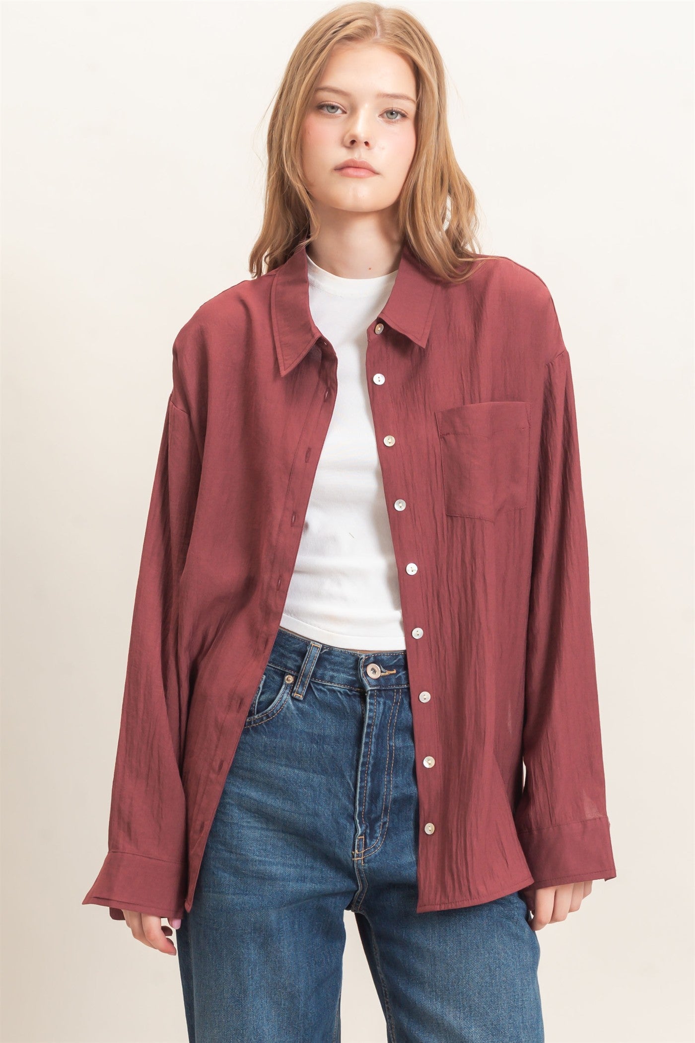 Wholesale Crinkled Button-Up Shirt Clothing Tops HF26E691 MAROON HYFVE