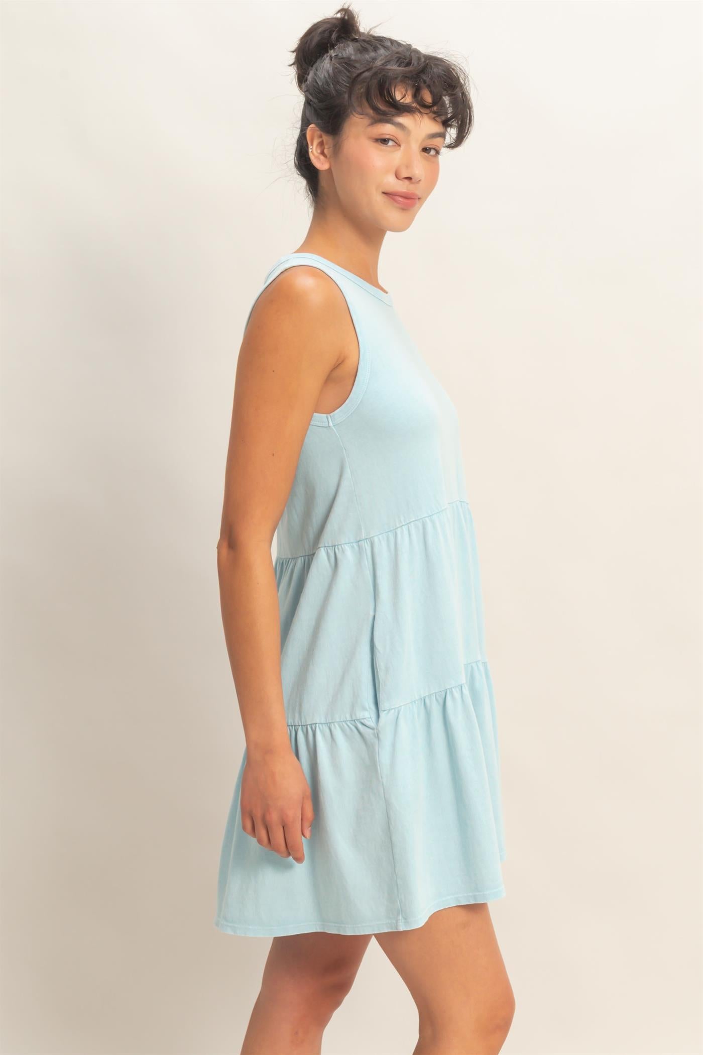 Wholesale Sleeveless Crewneck Tiered Mini Dress Dresses DZ26C208 BLUE DOUBLE ZERO