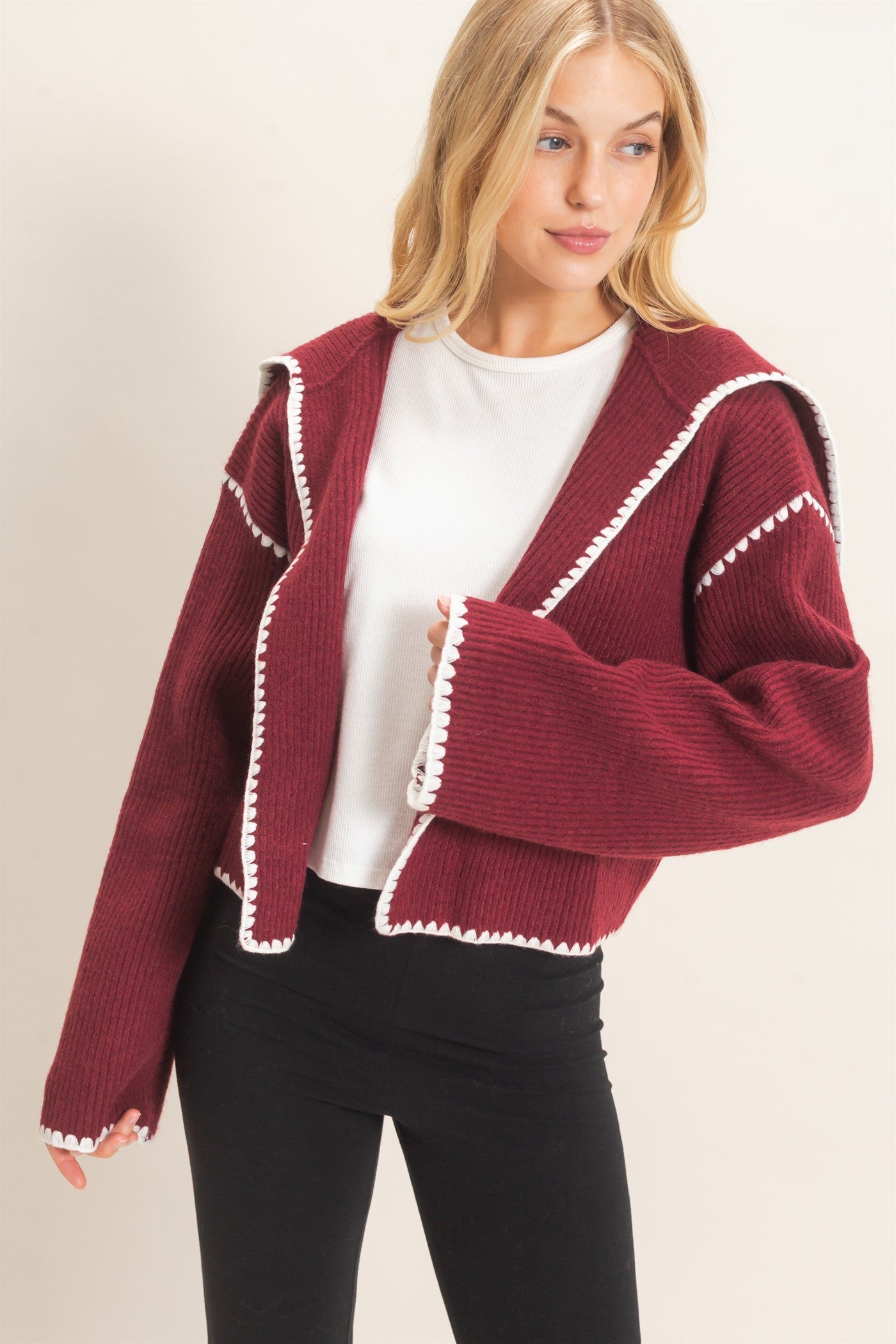 Wholesale Collared Cardigan Sweater With Picot Trim Cardigans HF26E897 MERLOT HYFVE