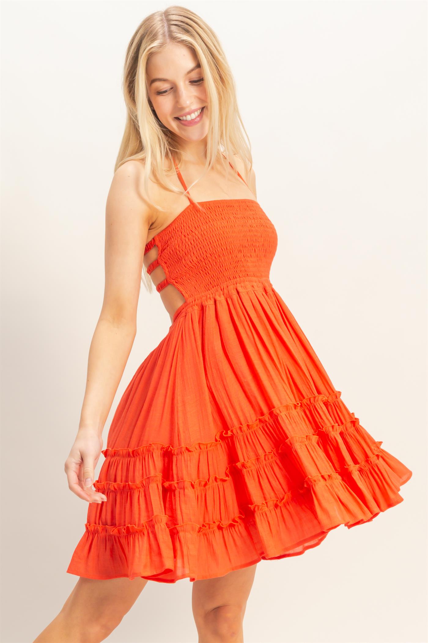Wholesale Smocked Tiered Midi Dress Dresses HF26C299-D ORANGE RED HYFVE
