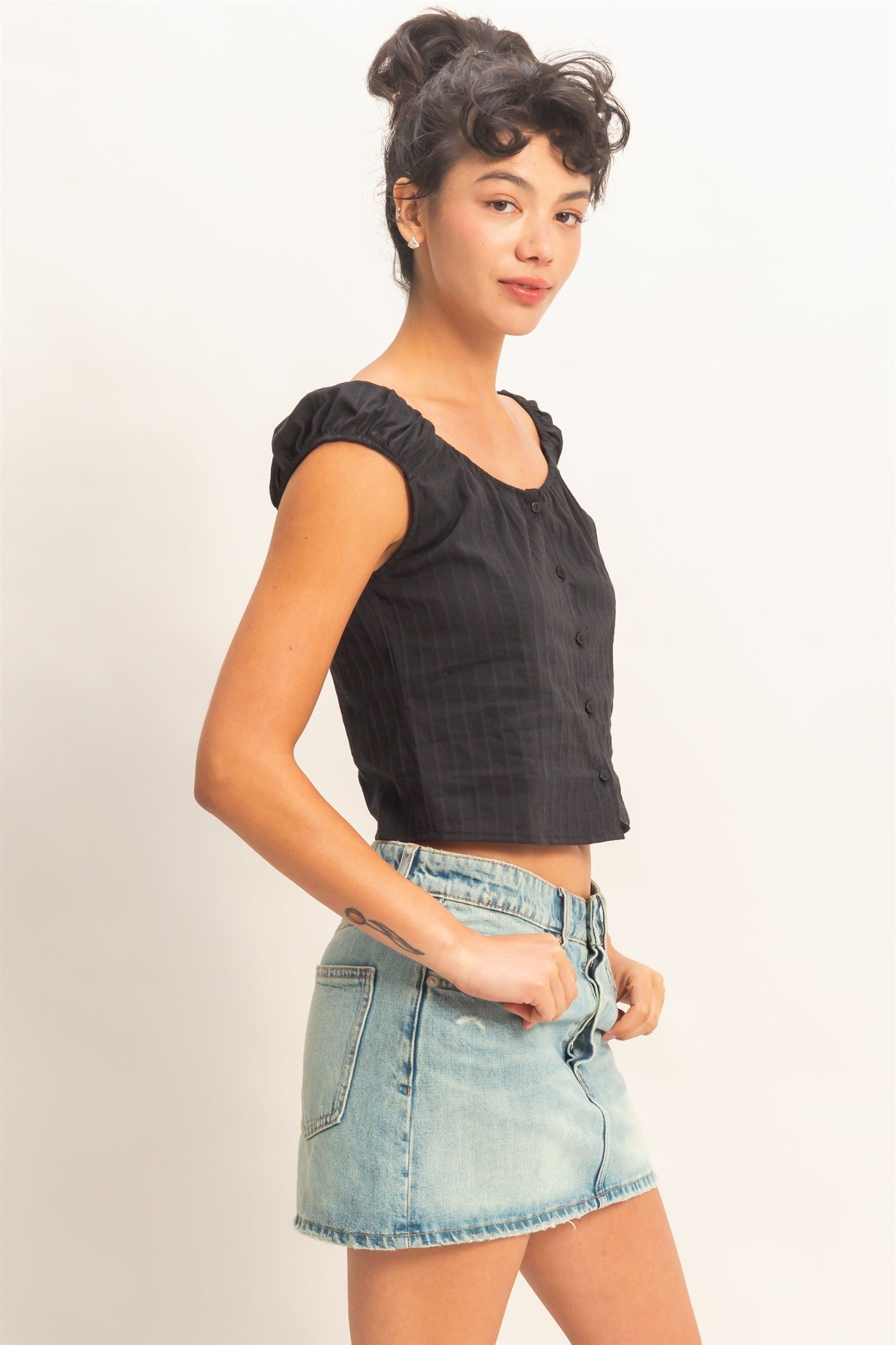 Wholesale Button Front Scoop Neck Cap Sleeve Top Blouses DZ26C199 BLACK DOUBLE ZERO