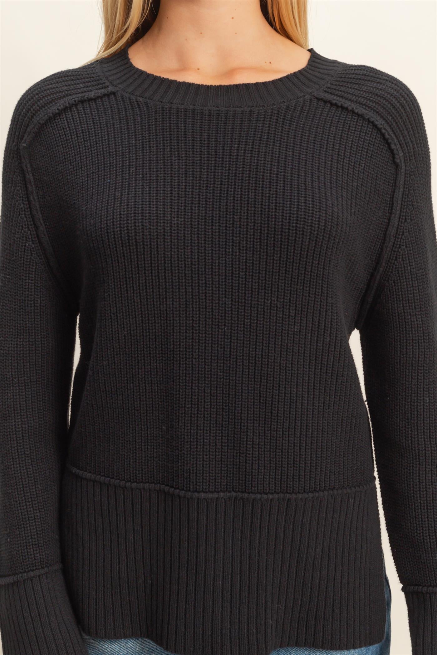 Wholesale Ragaln Long Sleeve Side Slit Sweater Sweaters DZ25E812 BLACK DOUBLE ZERO