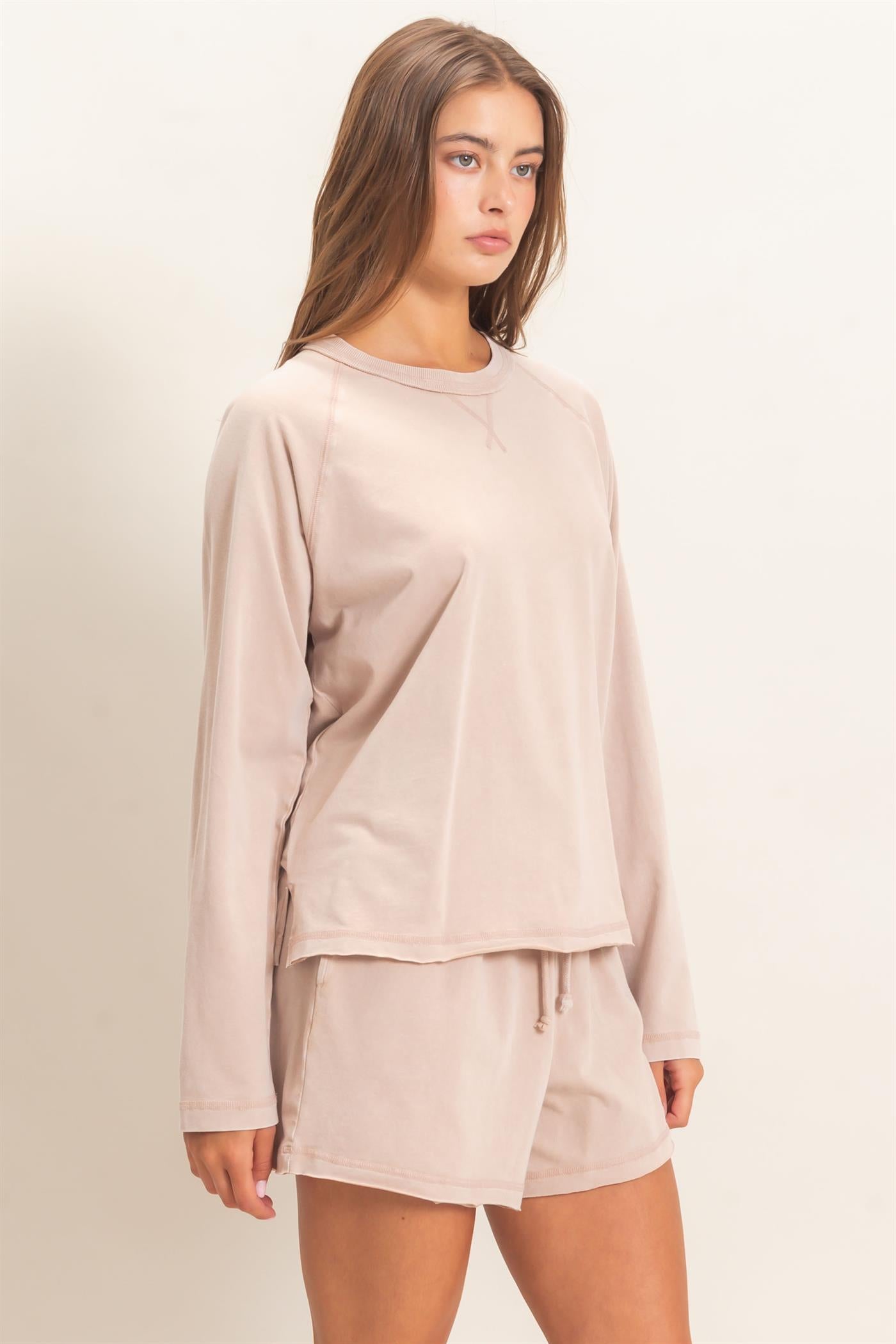 Wholesale Mineral Wash Long Sleeve Raw Edge Top & Shorts Set Clothing DZ26F403-SET DARK TAUPE DOUBLE ZERO