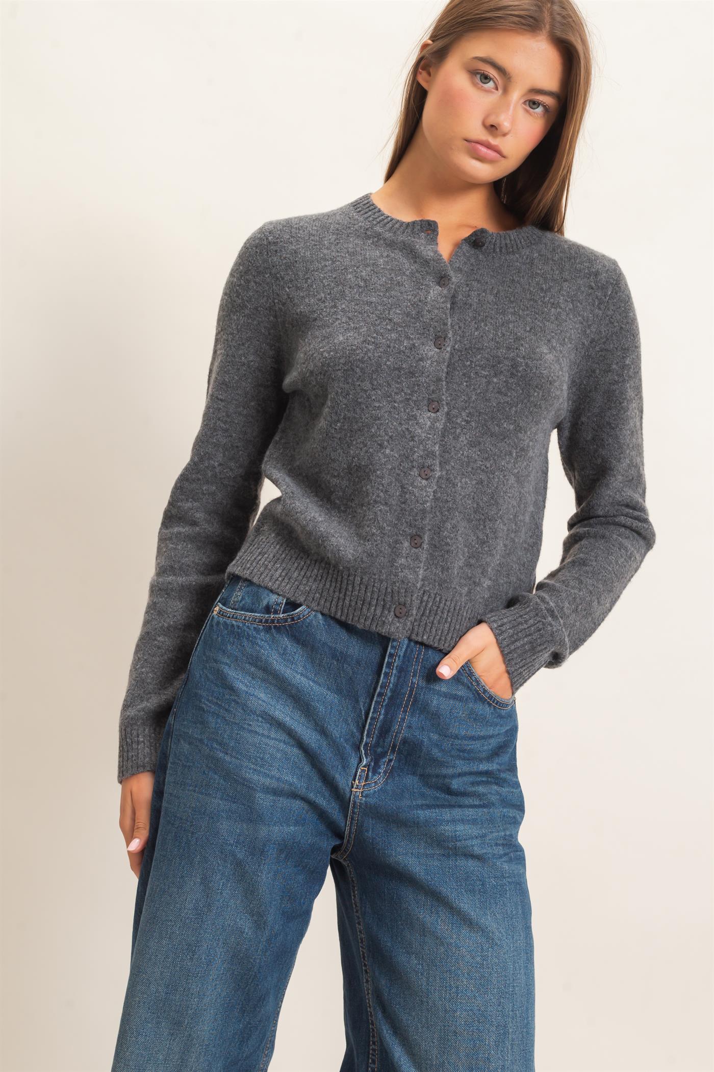 Wholesale Crew Neck Cardigan Cardigans DZ26E119 CHARCOAL DOUBLE ZERO