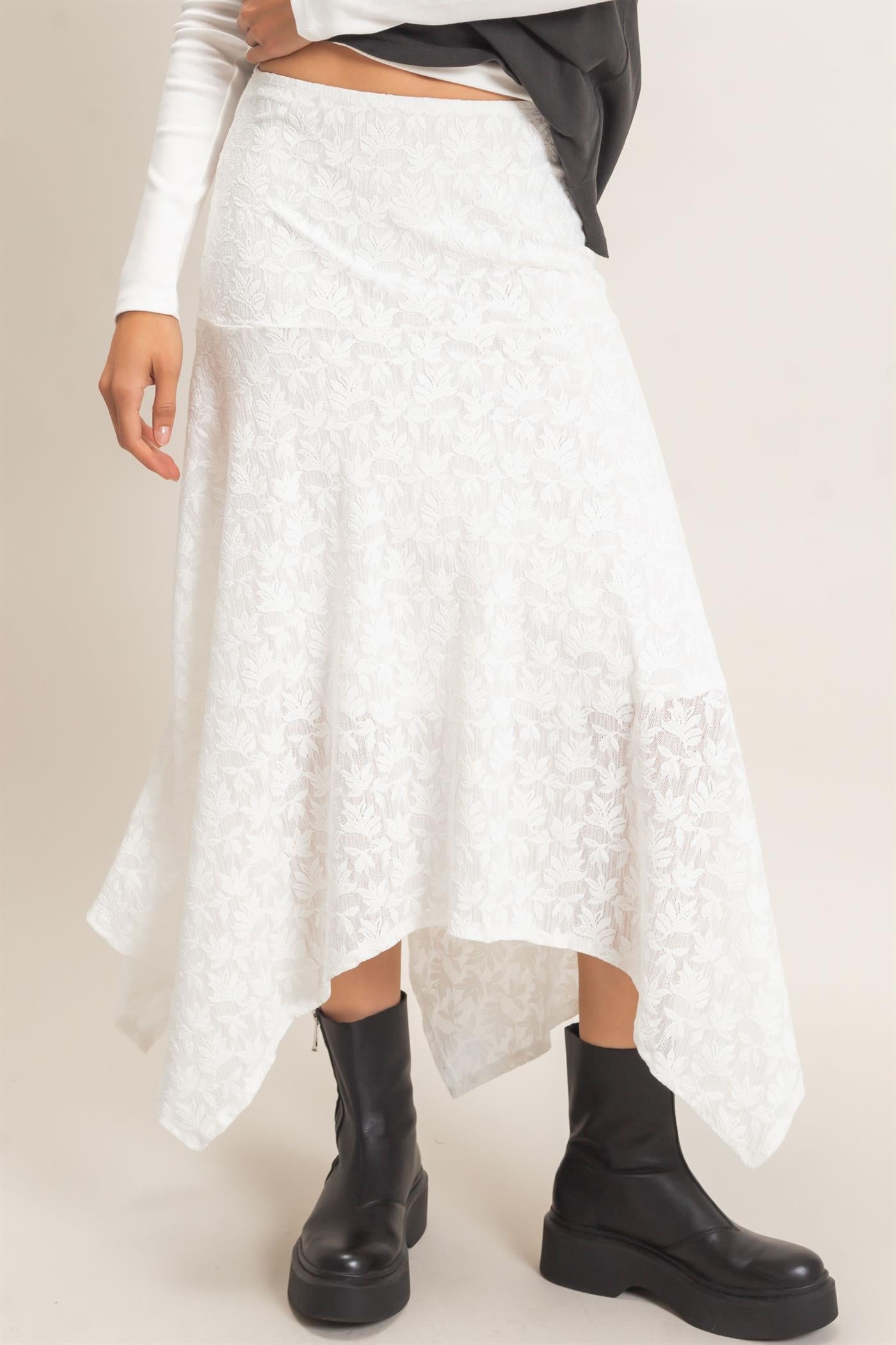 Wholesale Floral Lace Hanky Hem Skirt Skirts HF26E371 OFF WHITE HYFVE