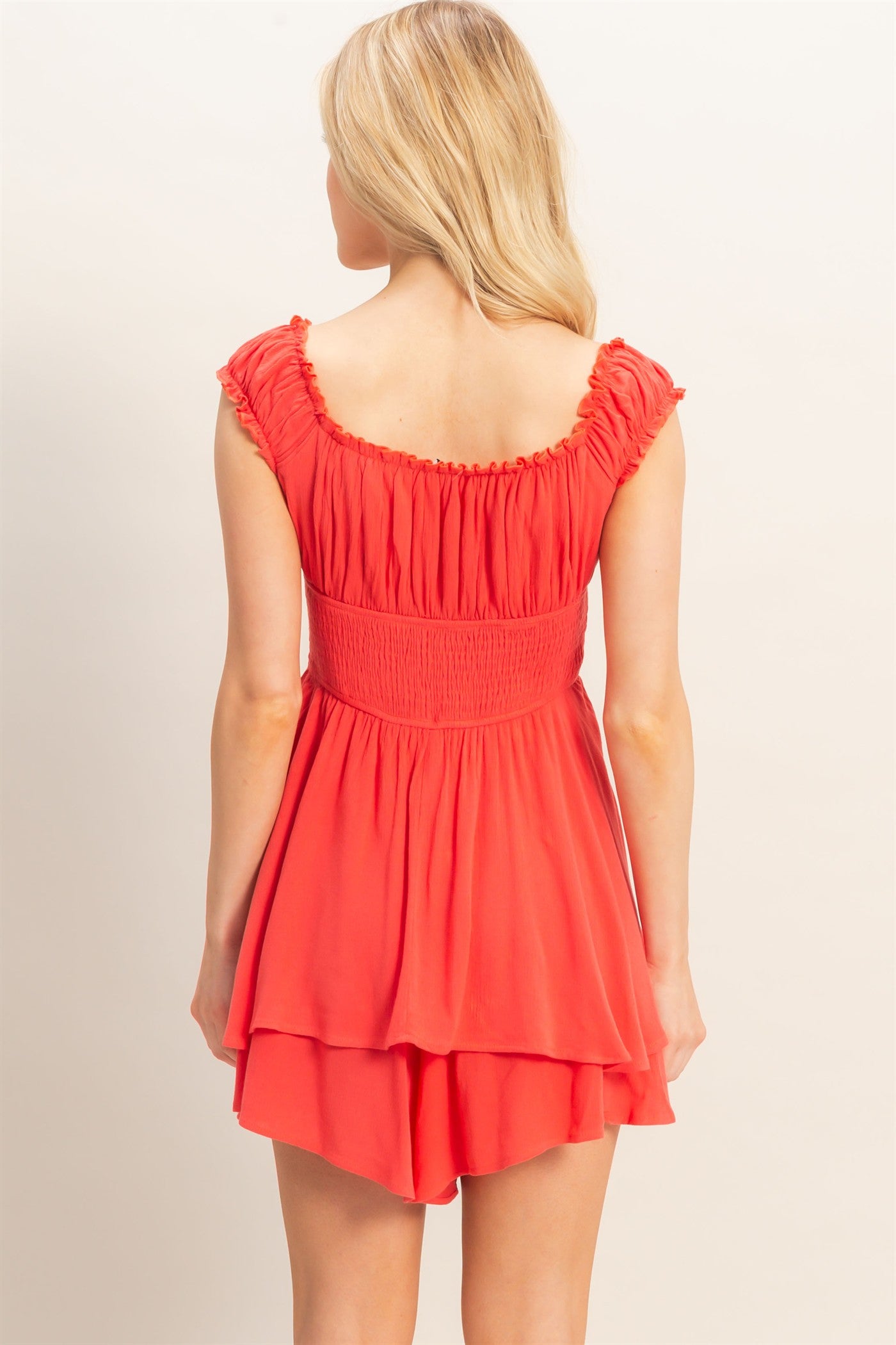 Wholesale Smocked Square Neck Romper Clothing HF26A377 CORAL HYFVE