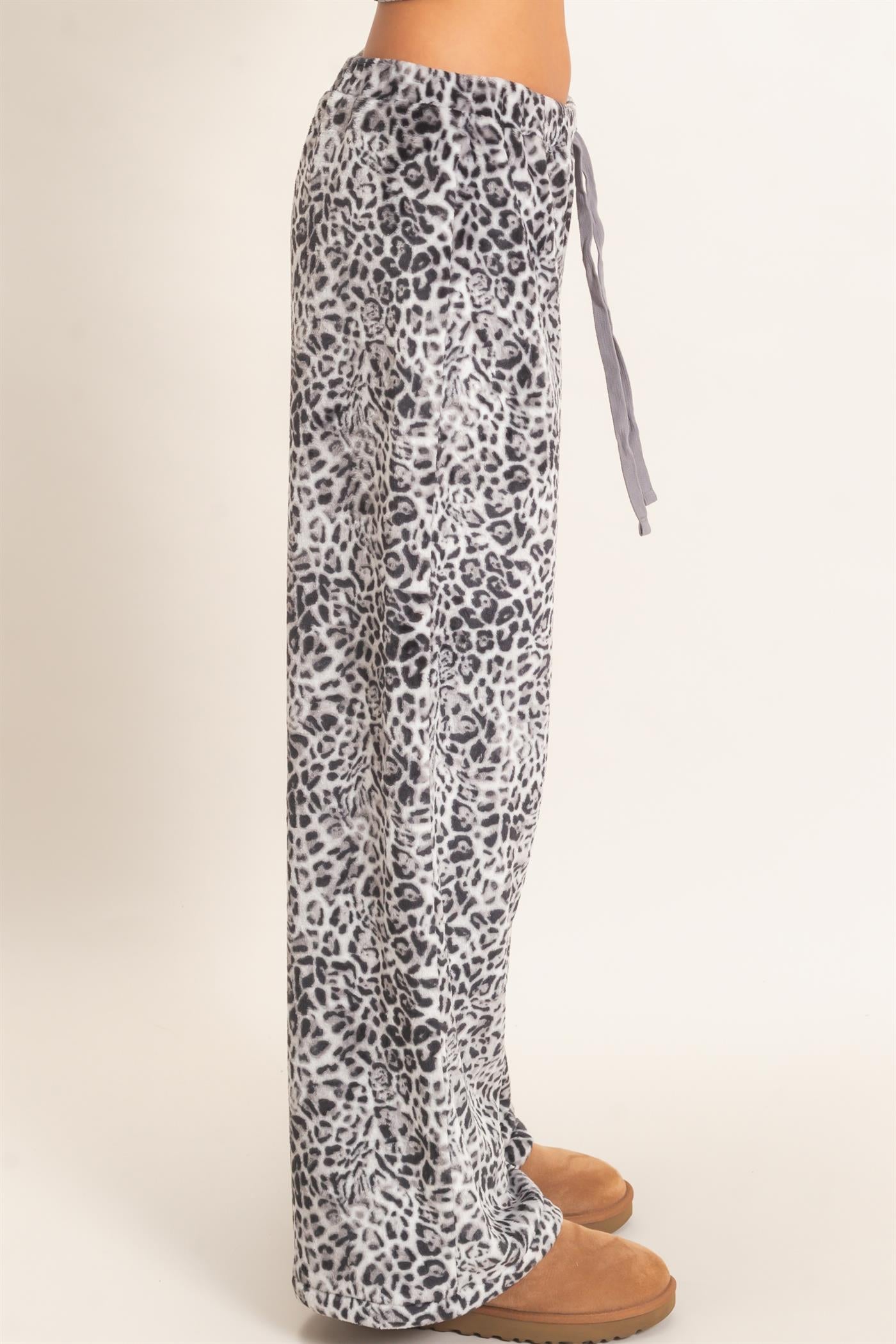 Wholesale Leopard Print Fleece Wide-Leg Pants Pants DZ26E829 GRAY DOUBLE ZERO