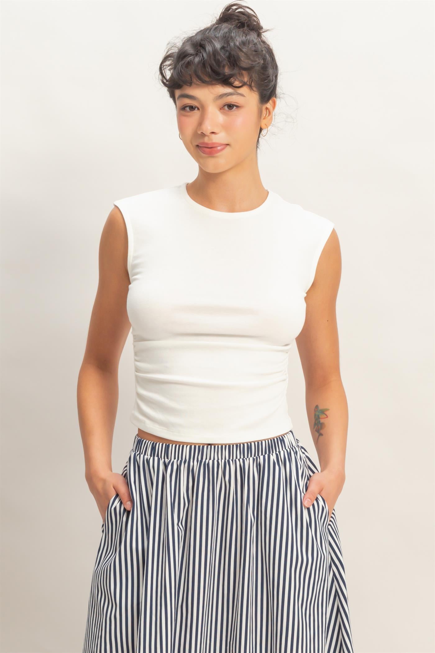 Wholesale Ruched Waist Cap Sleeve Top Clothing Tops DZ26A889 OFF WHTIE DOUBLE ZERO