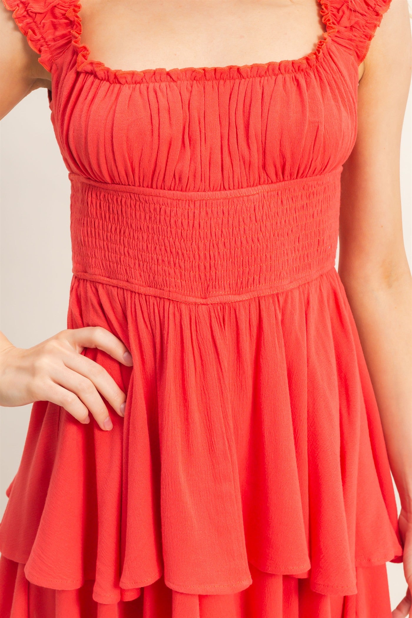 Wholesale Smocked Square Neck Romper Clothing HF26A377 CORAL HYFVE