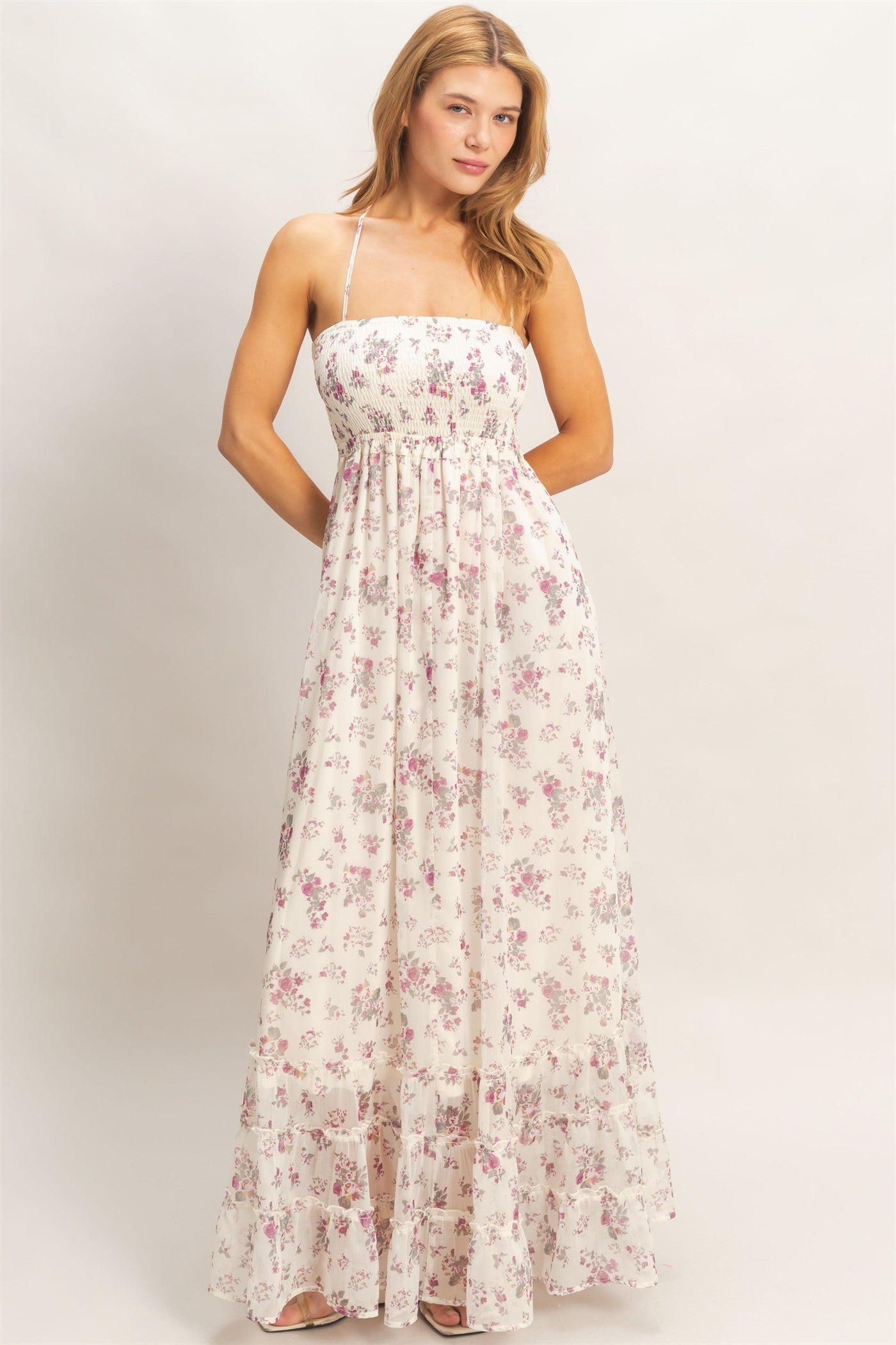 Wholesale Smocked Floral Maxi Dress Dresses HF26E648 ROSE WINE HYFVE