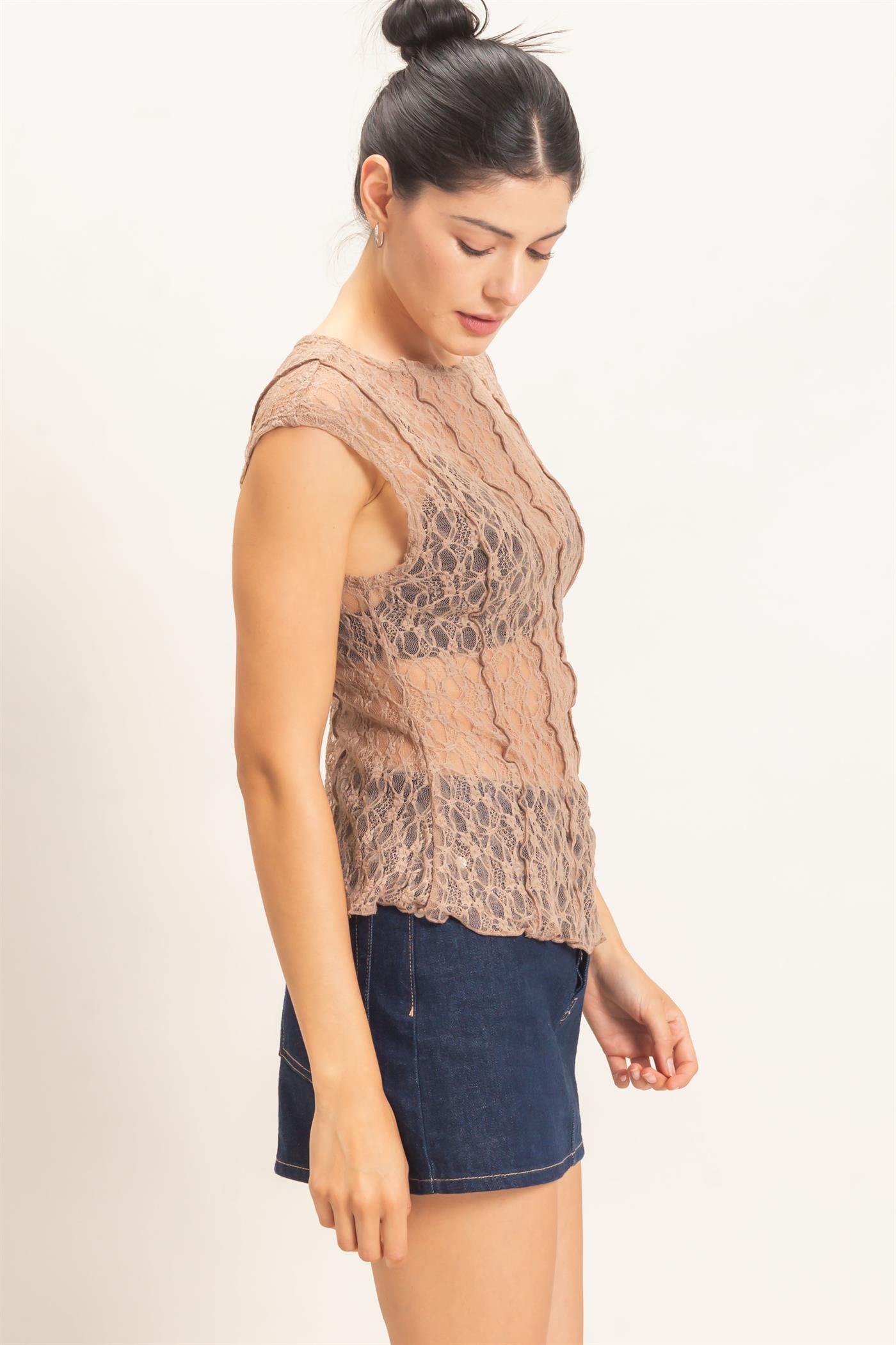 Wholesale Lace Cap Sleeve Top Clothing Tops HF26E672 LIGHT BROWN HYFVE
