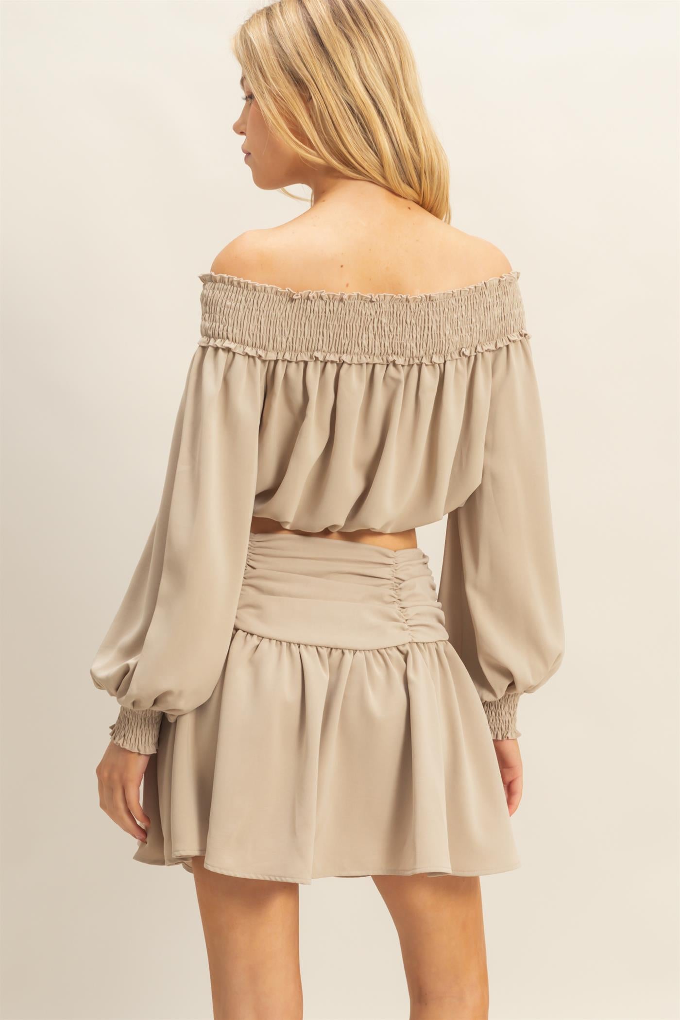Wholesale Romantic Off Shoulder Top And Gathered Skirt Set Clothing HF25A243-SET BEIGE HYFVE