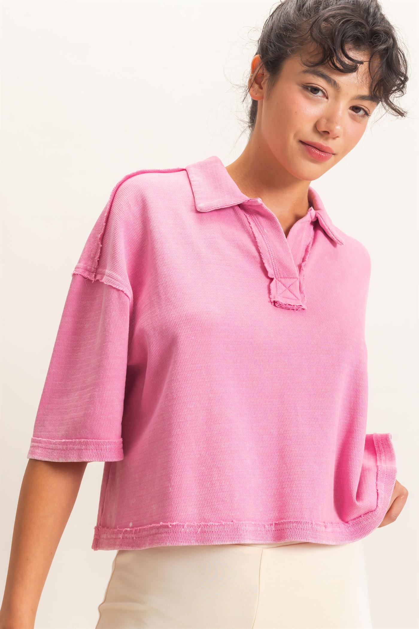 Wholesale Mineral Wash Oversized Collar Short Sleeve Top Clothing Tops DZ26E813 PINK DOUBLE ZERO