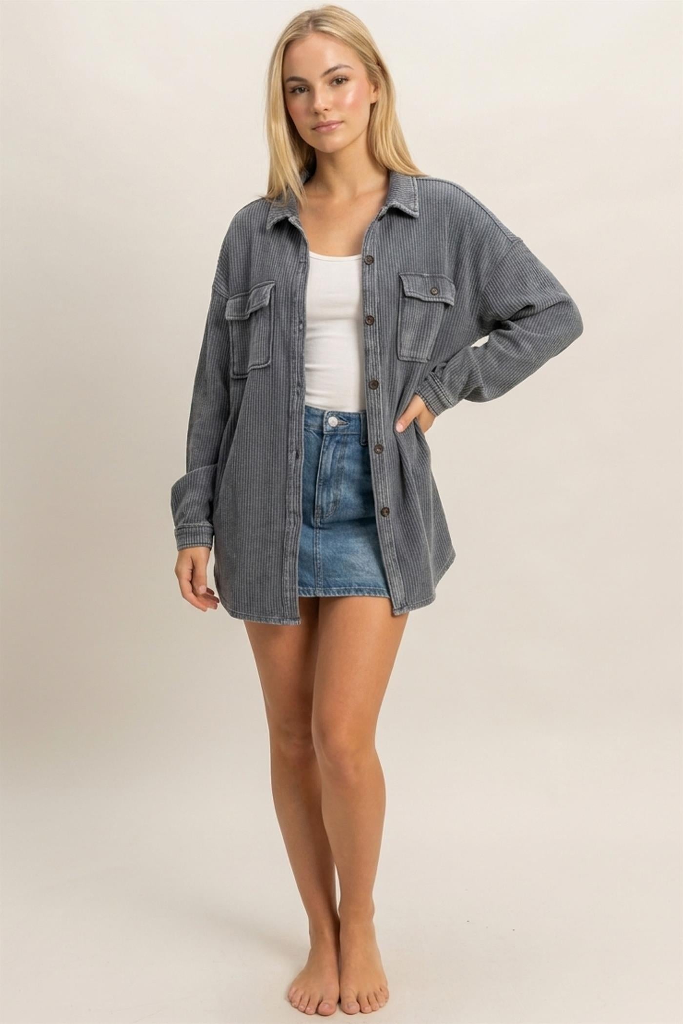Wholesale Mineral Wash Waffle Knit Button-Up Shacket Coats & Jackets DZ26E249 DARK GRAY DOUBLE ZERO