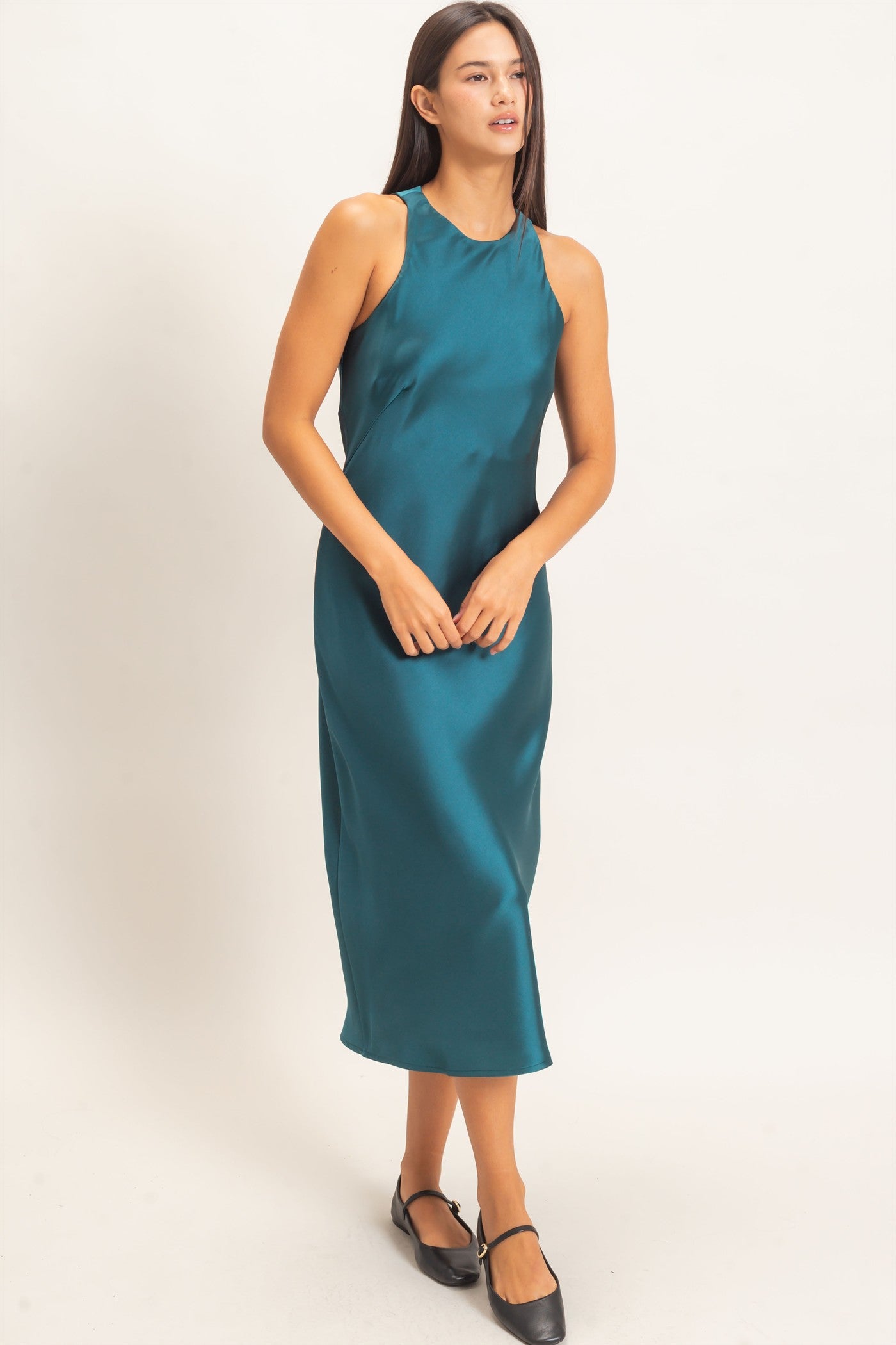 Wholesale Sleeveless Satin Midi Dress Dresses DZ26E257 DARK TEAL DOUBLE ZERO