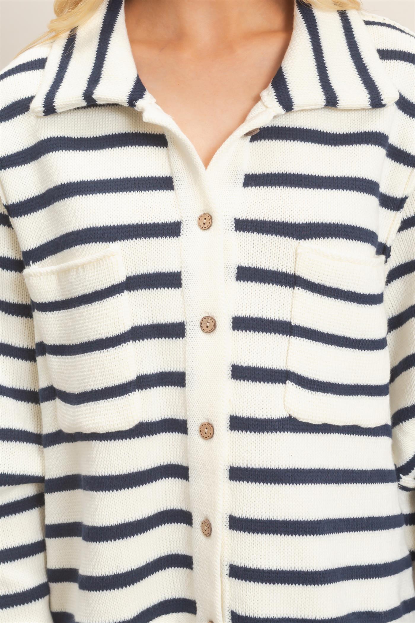 Wholesale Striped Button Front Cardigan Sweaters HF26F197 CREAM HYFVE