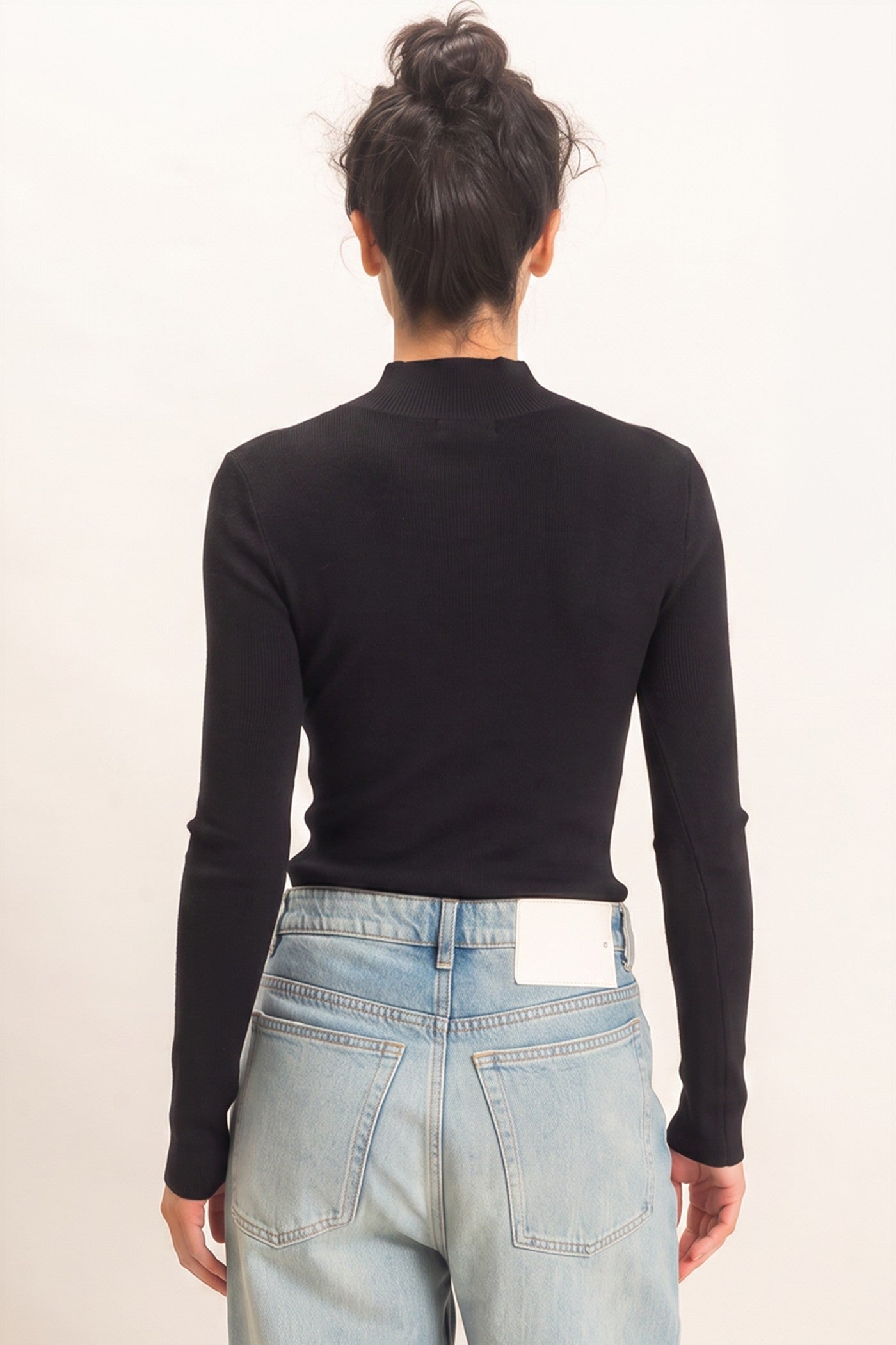 Wholesale Ribbed Mock Neck Long Sleeve Knit Top Clothing Tops DZ26F201 BLACK DOUBLE ZERO