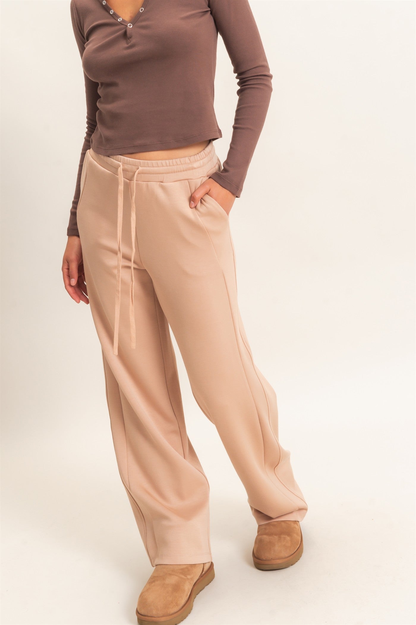 Wholesale Elastic Waist Straight Leg Pants Pants DZ26C969 DARK TAUPE DOUBLE ZERO
