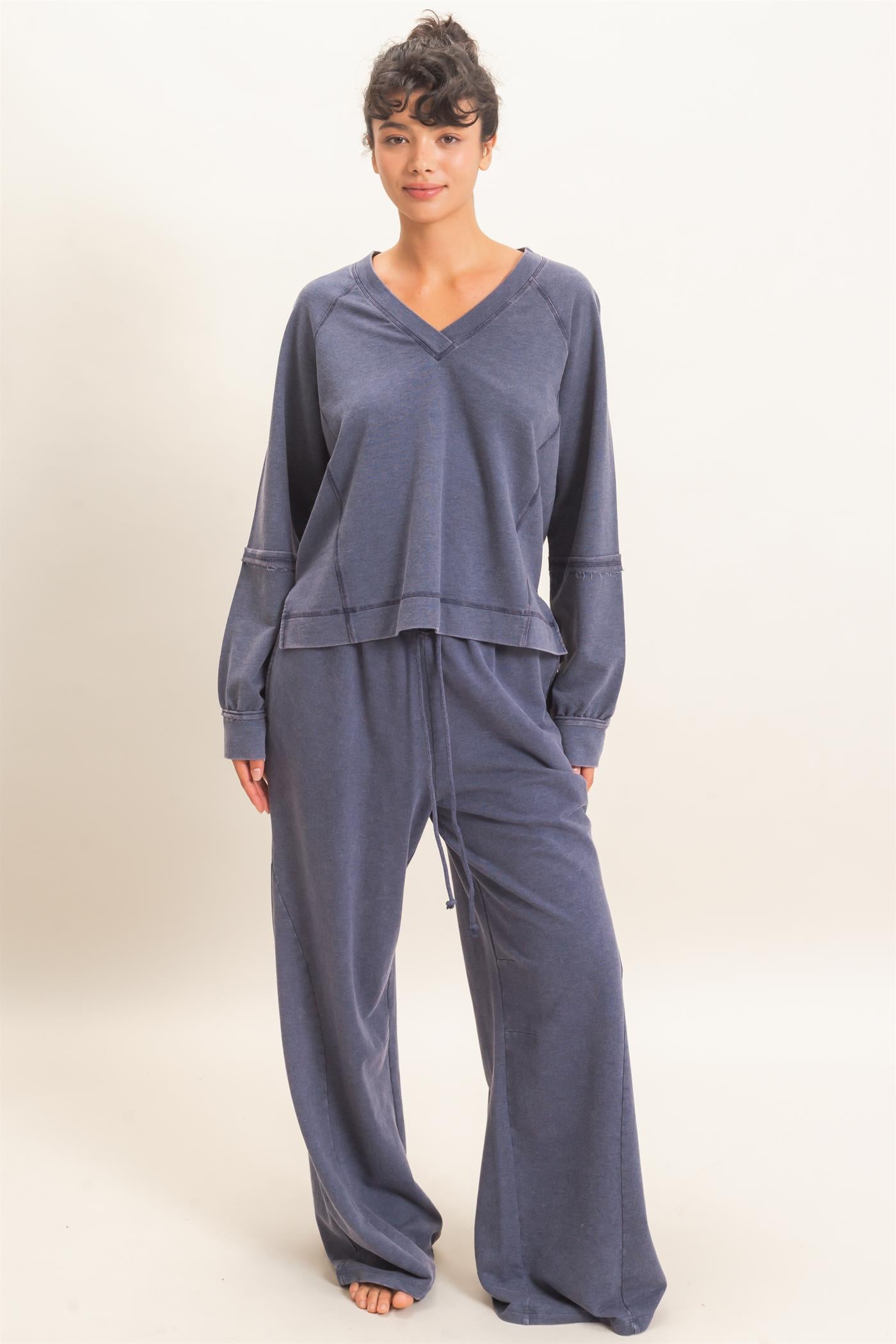Wholesale Mineral Washed Wide Leg Pants Pants DZ26F082 NAVY DOUBLE ZERO