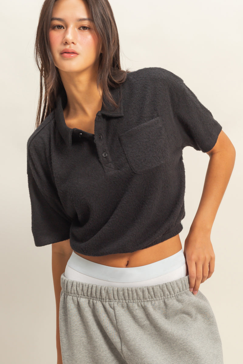 Wholesale Collared Short Sleeve Crop Top Clothing Tops DZ22A477 BLACK DOUBLE ZERO