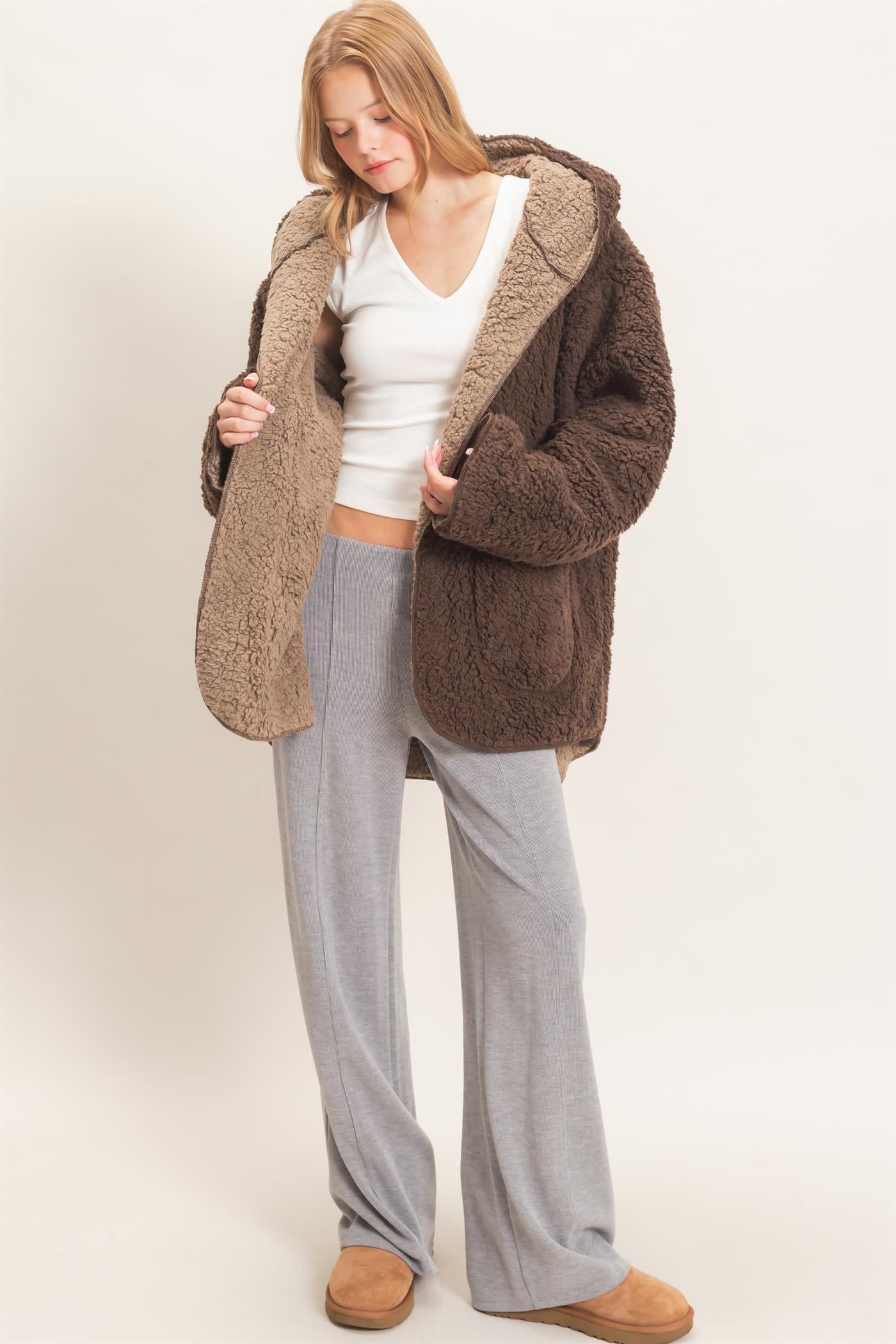 Wholesale Hooded Sherpa Jacket Coats & Jackets HF26E874 DARK BROWN HYFVE