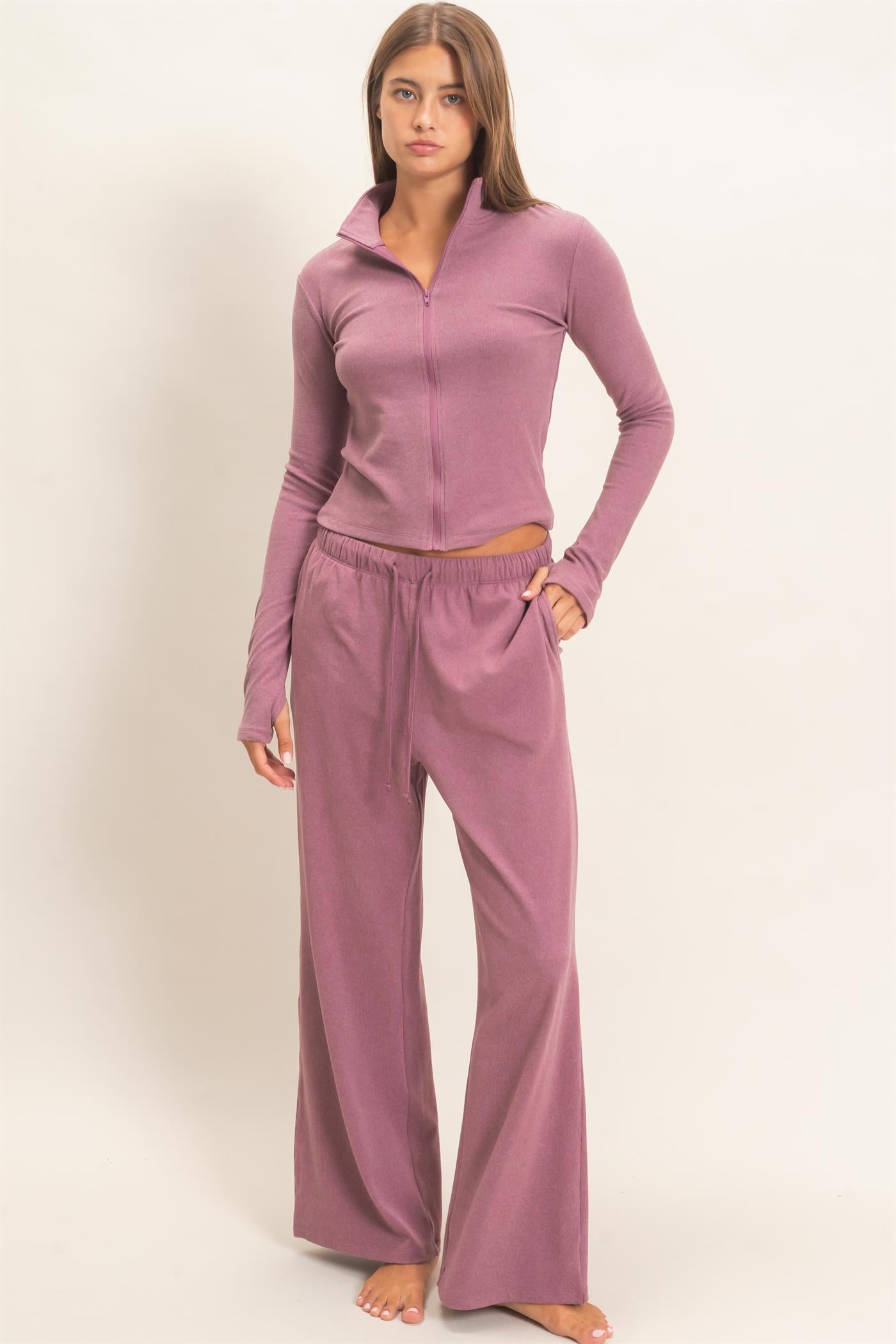 Wholesale Mock Neck Long Sleeve Zip Up Top Clothing Tops DZ26E911 PLUM DOUBLE ZERO