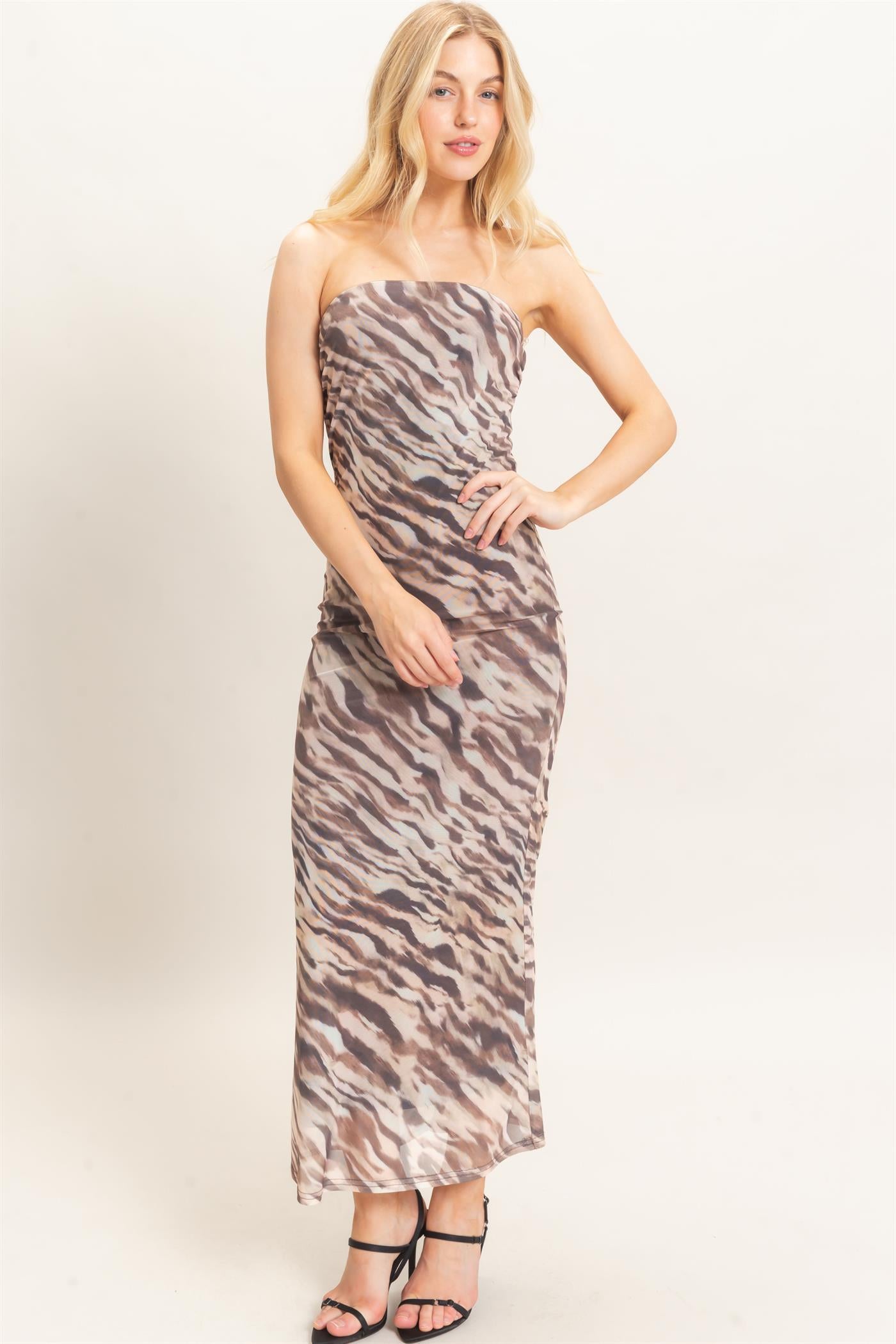 Wholesale Strapless Printed Mesh Maxi Dress Dresses HF26F212 TAUPE/ANIMAL HYFVE