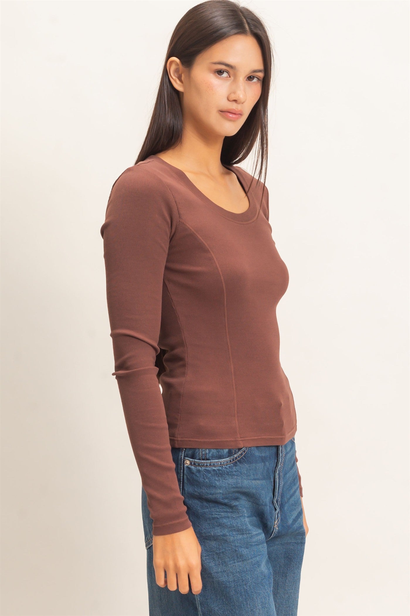 Wholesale Pigment Dye Seam Detail Scoop Neck Top Clothing Tops DZ26E242 DARK BROWN DOUBLE ZERO