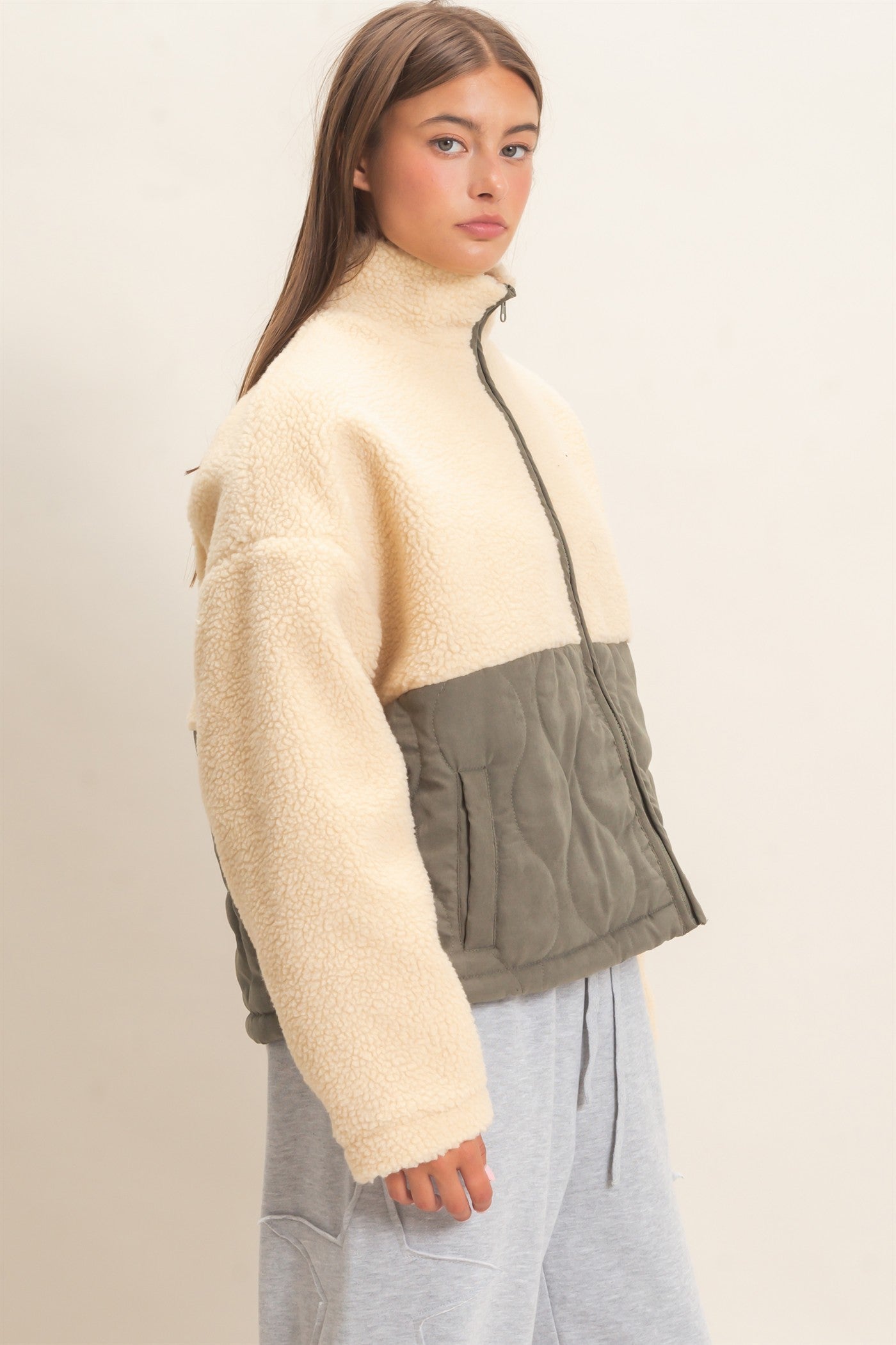Wholesale Quilted Sherpa Zip Up Jacket Coats & Jackets DZ26F259 OLIVE DOUBLE ZERO