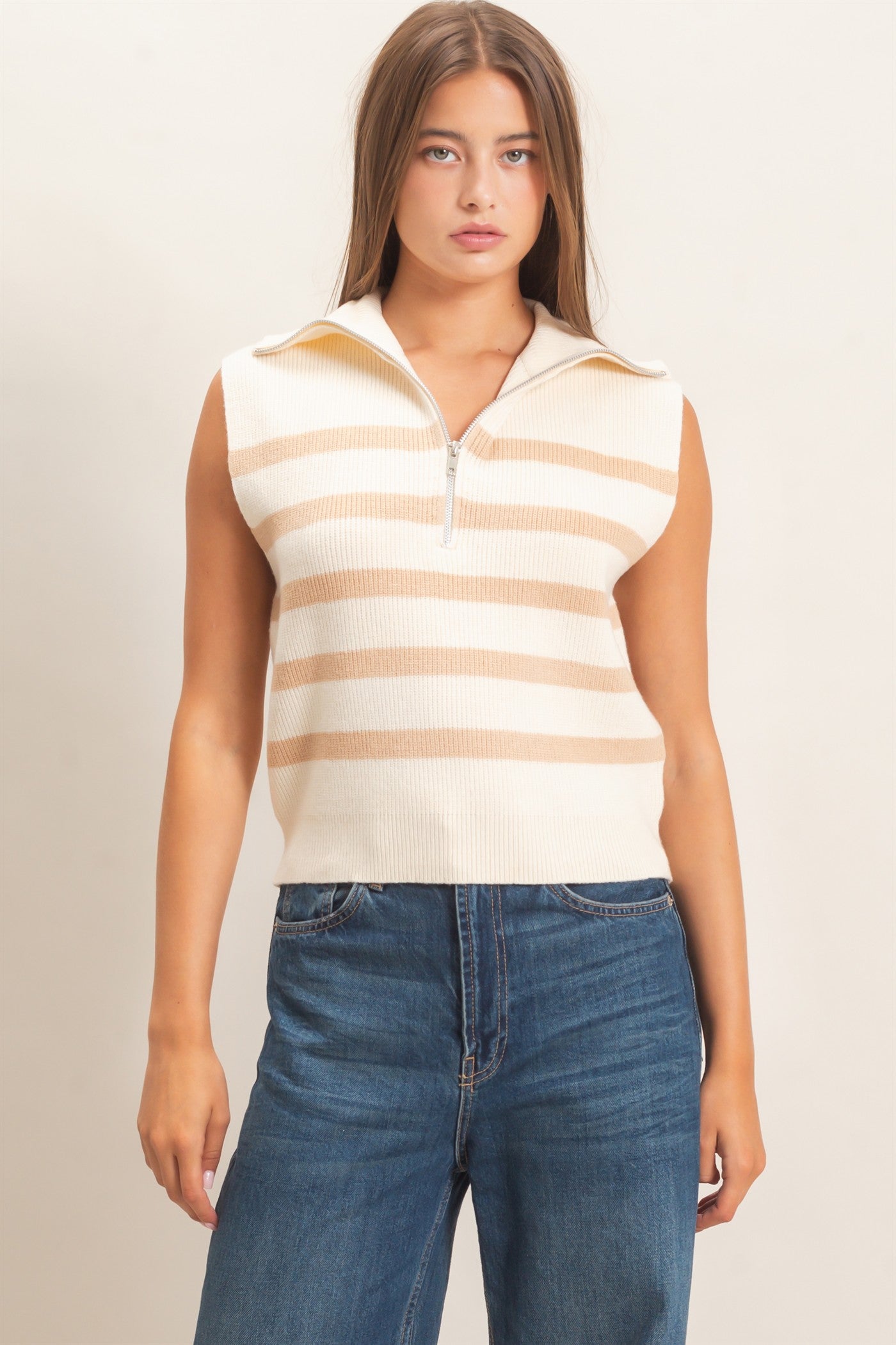Wholesale Half-Zip Sleeveless Stripe Sweater Sweaters DZ26E951 TAUPE DOUBLE ZERO