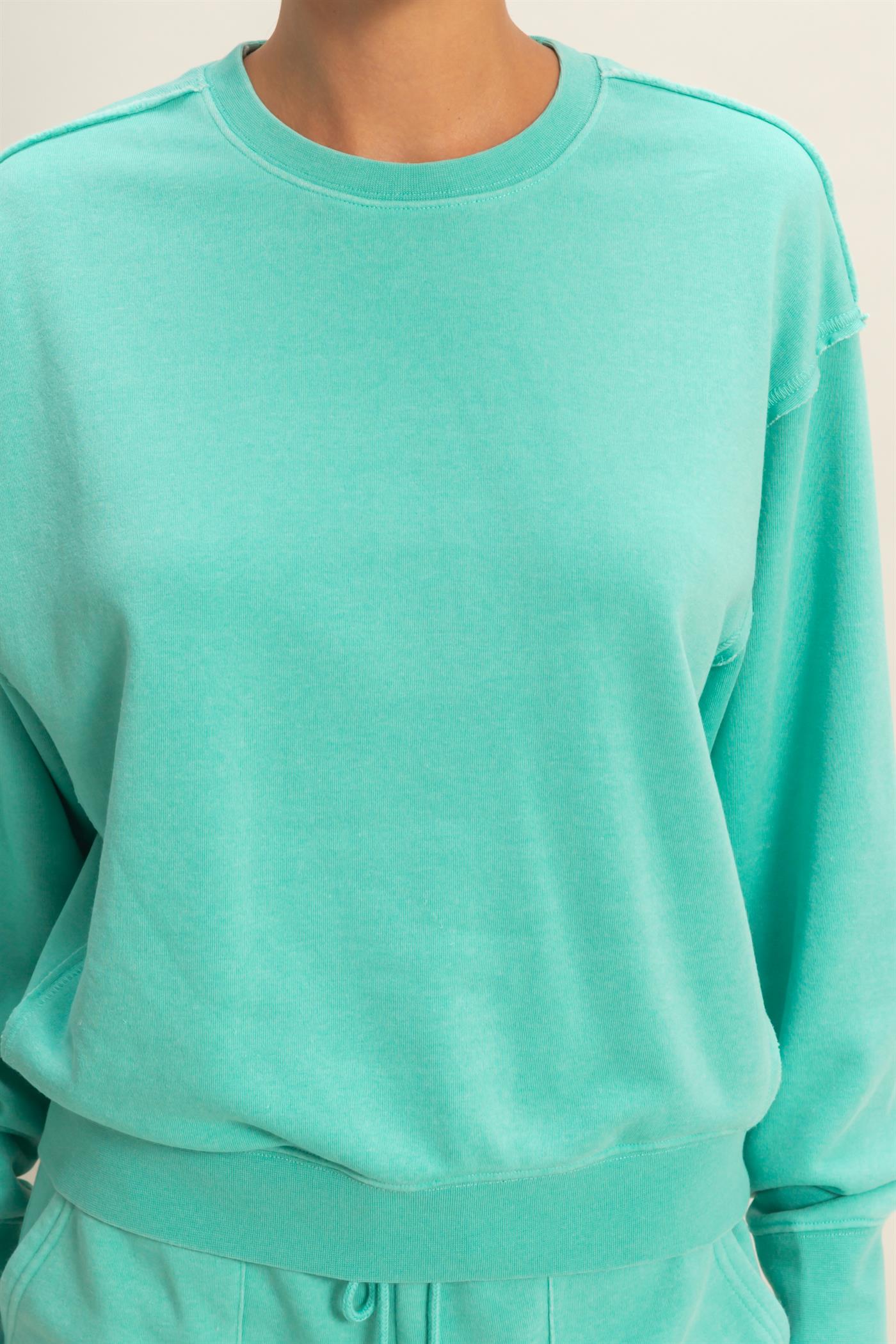 Wholesale Raw Edge Detail Burnout Sweatshirt Sweatshirts DZ26A048 TURQUOISE DOUBLE ZERO