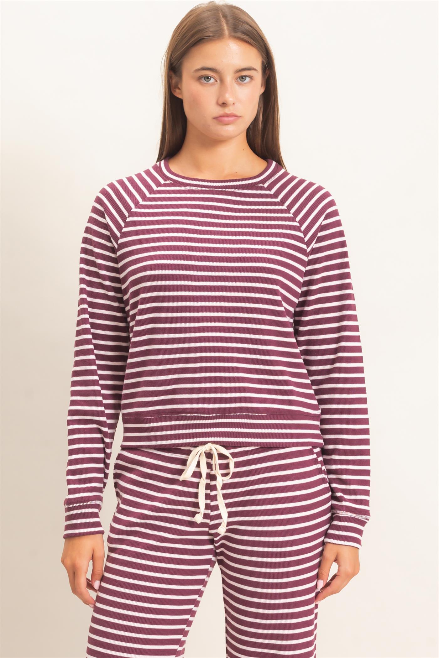 Wholesale Striped Waffle Knit Raglan Top Clothing Tops DZ26E450 DARK CHERRY DOUBLE ZERO