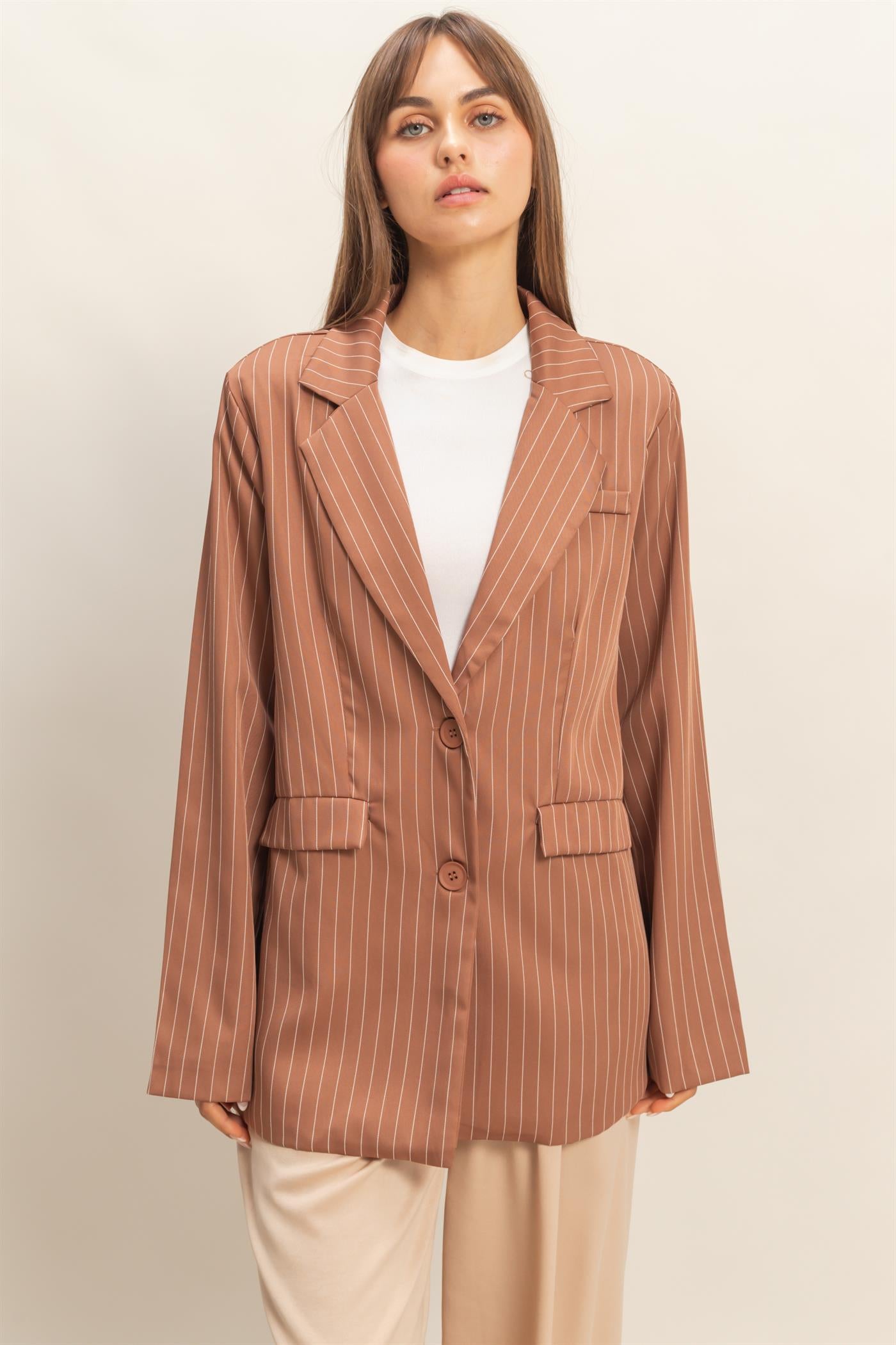 Wholesale Pin Stripe Oversized Blazer Coats & Jackets HF24A247 BROWN HYFVE