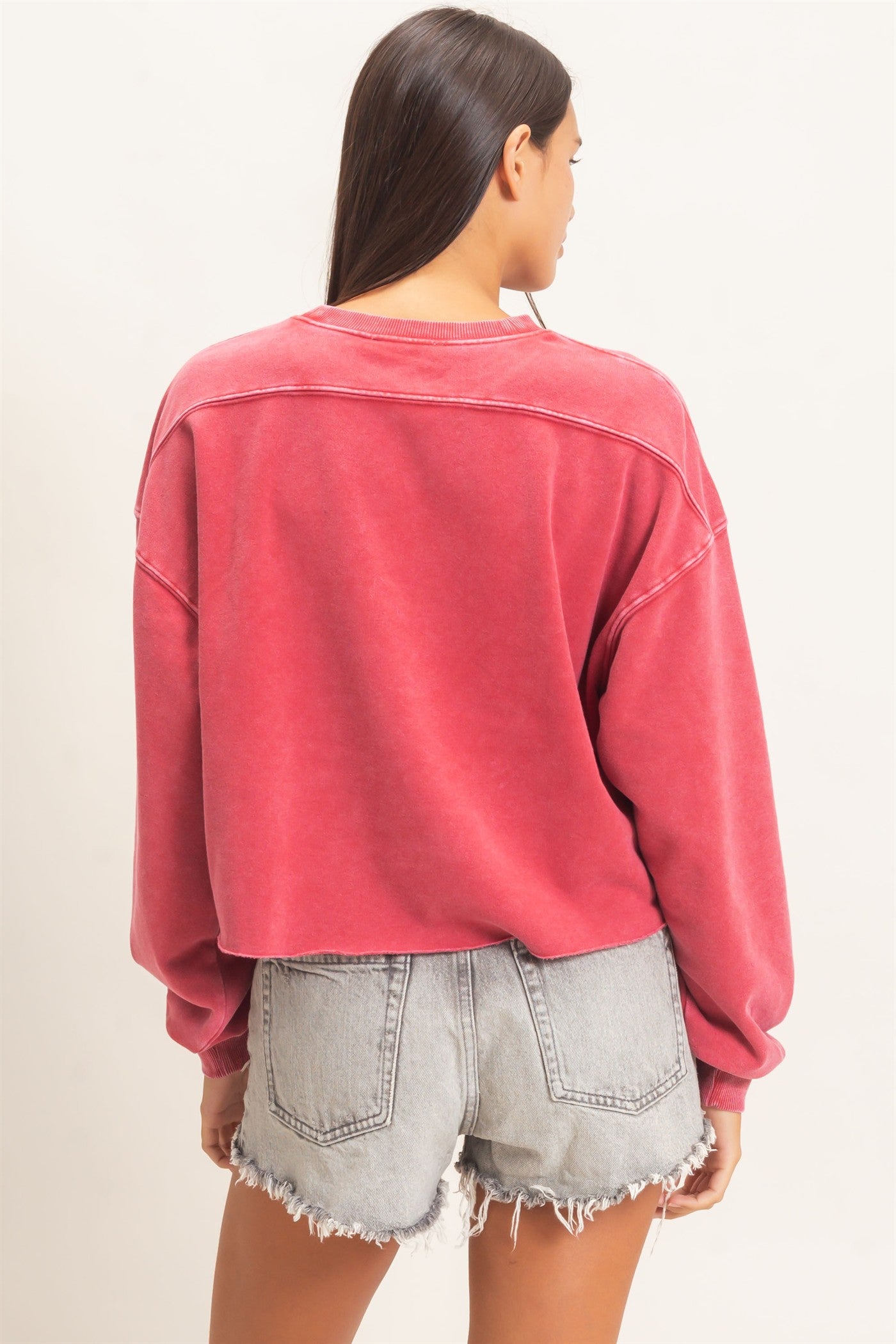 Wholesale Mineral Wash Raw Hem Cropped Sweatshirt Sweatshirts DZ26C968 DARK RED DOUBLE ZERO