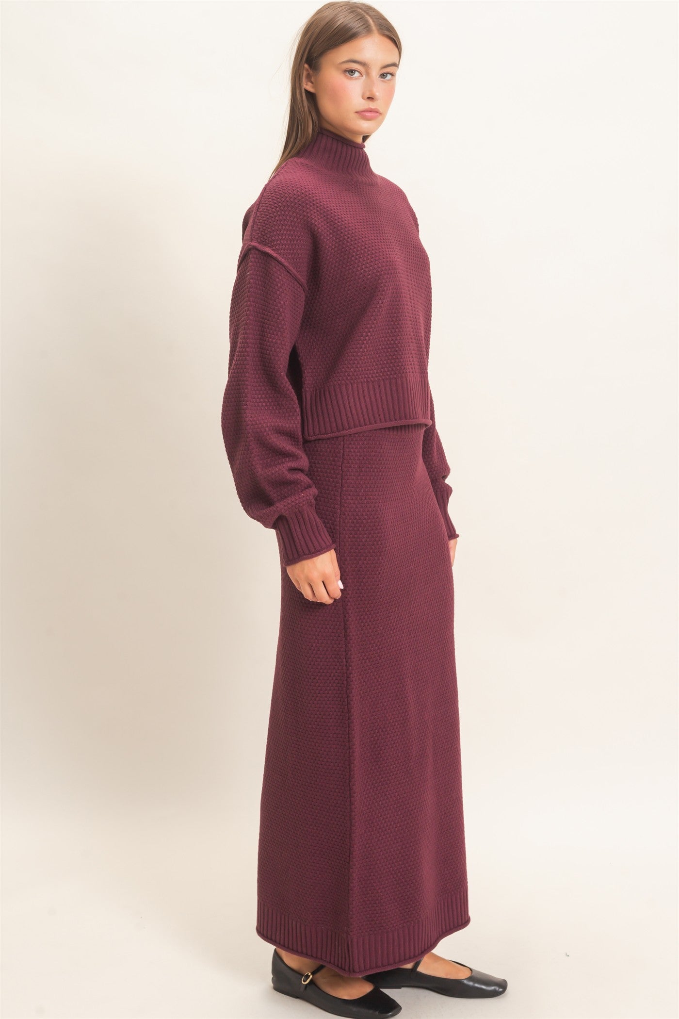 Wholesale High Neck Long Sleeve Top & Maxi Skirt Set Clothing DZ26E272-SET DARK CHERRY DOUBLE ZERO