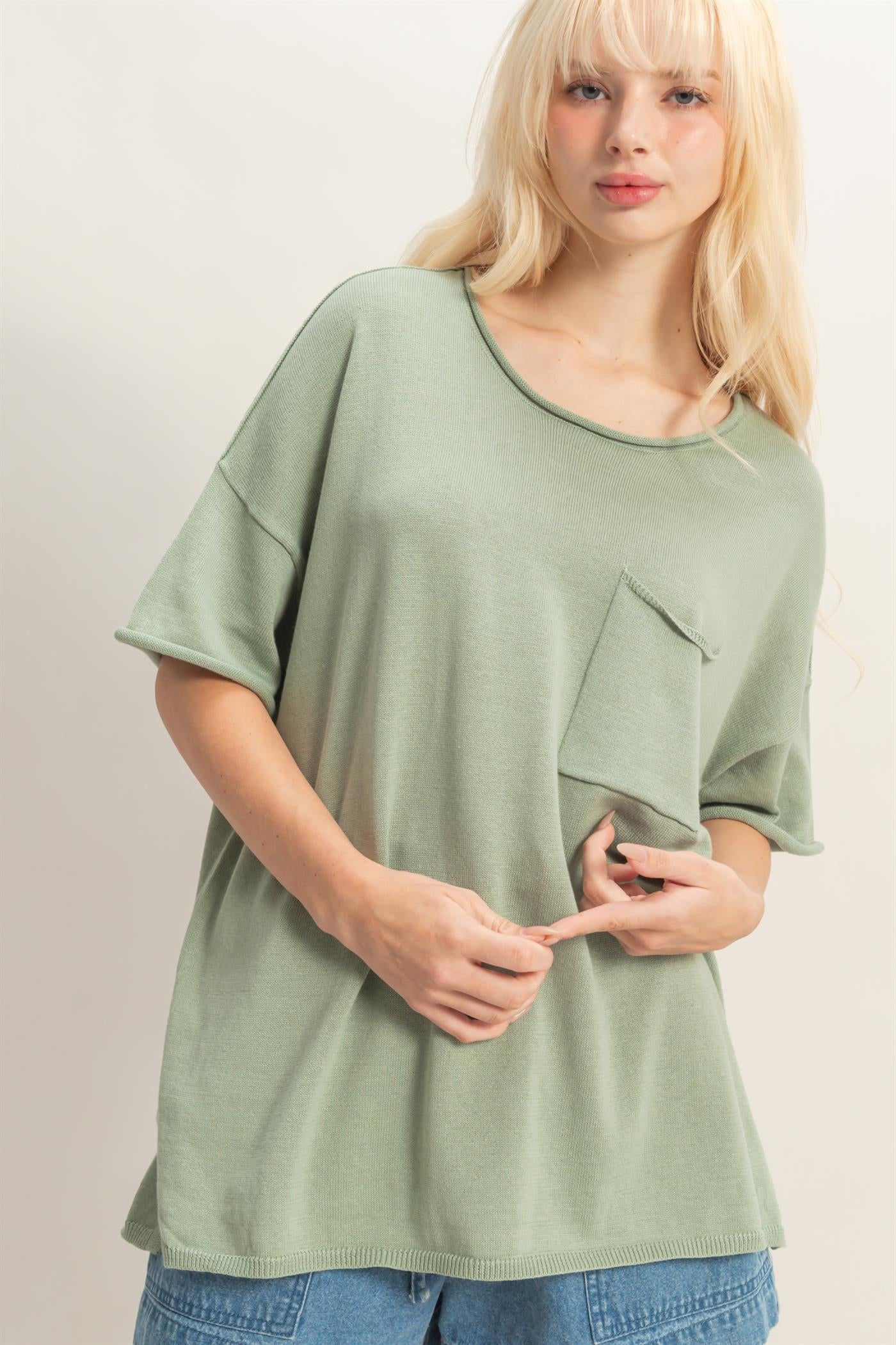 Wholesale Oversized Short Sleeve Round Neck Pocket Knit Top Clothing Tops DZ26A691 SAGE GREEN DOUBLE ZERO