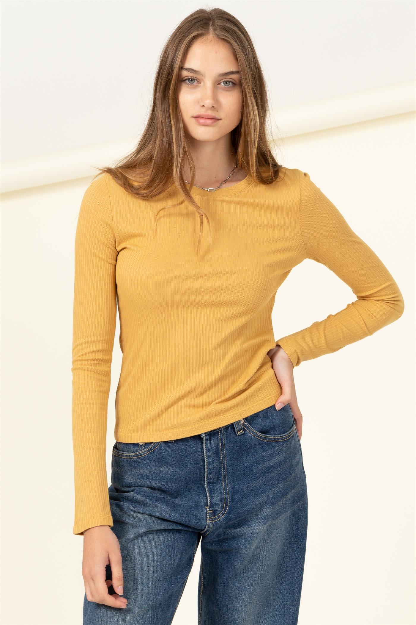 Wholesale Basic Ribbed Knit Top Clothing Tops DZ21G039 HONEY MUSTARD DOUBLE ZERO